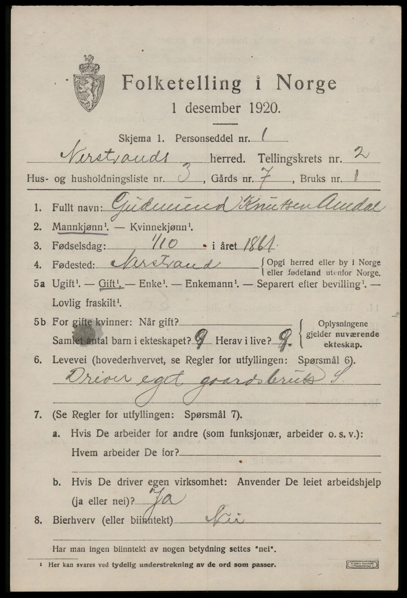 SAST, 1920 census for Nedstrand, 1920, p. 999