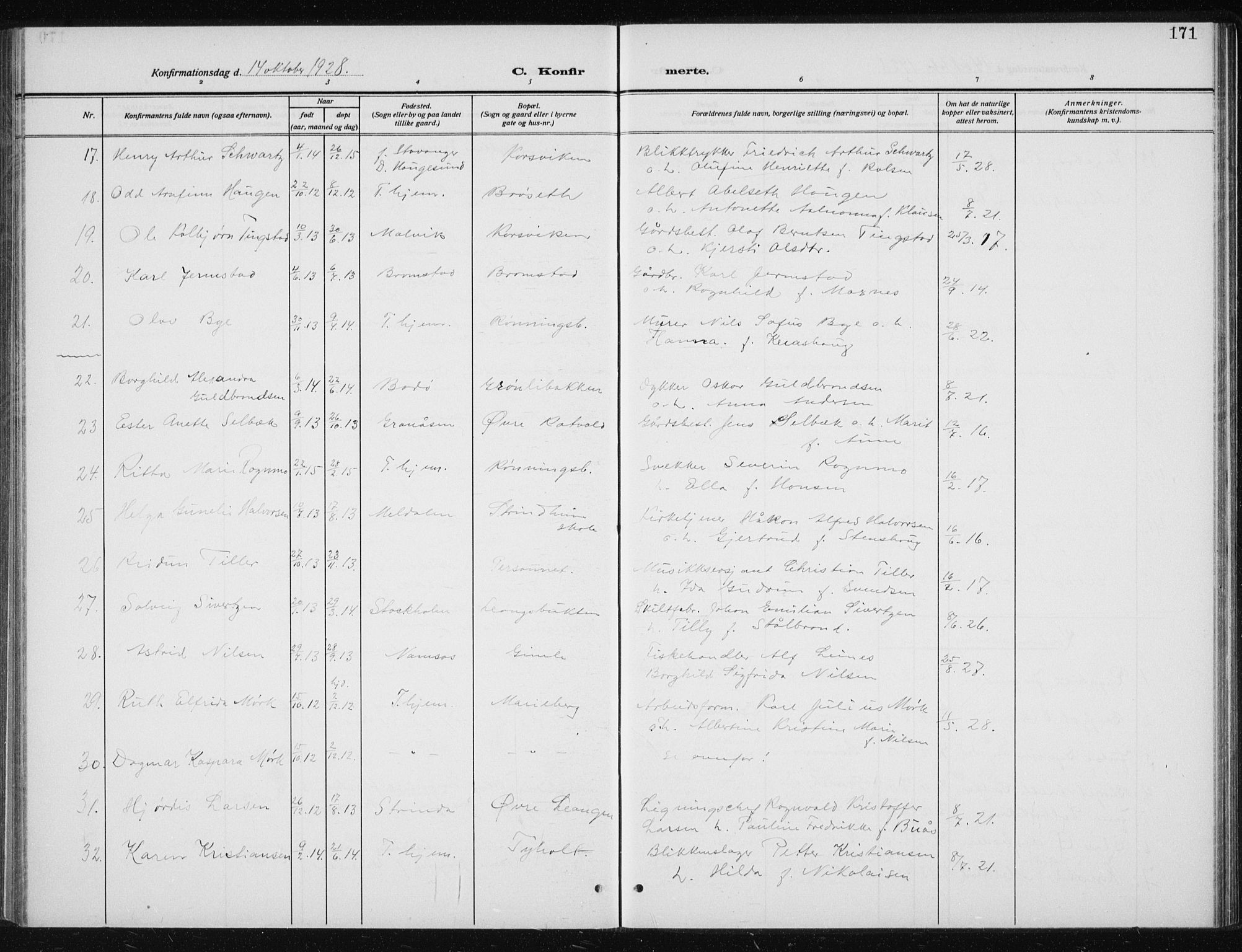 Ministerialprotokoller, klokkerbøker og fødselsregistre - Sør-Trøndelag, SAT/A-1456/606/L0314: Parish register (copy) no. 606C10, 1911-1937, p. 171