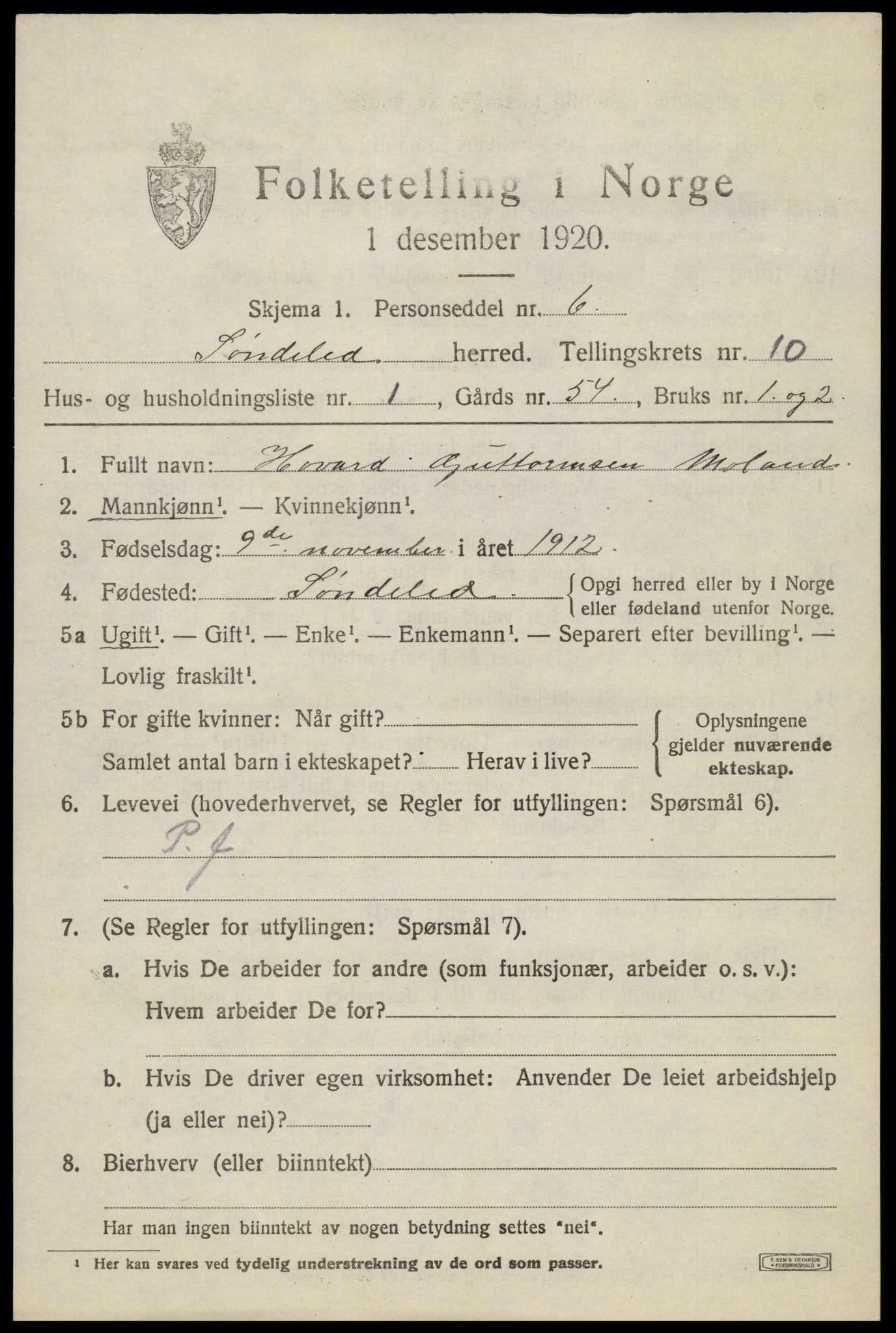 SAK, 1920 census for Søndeled, 1920, p. 4957