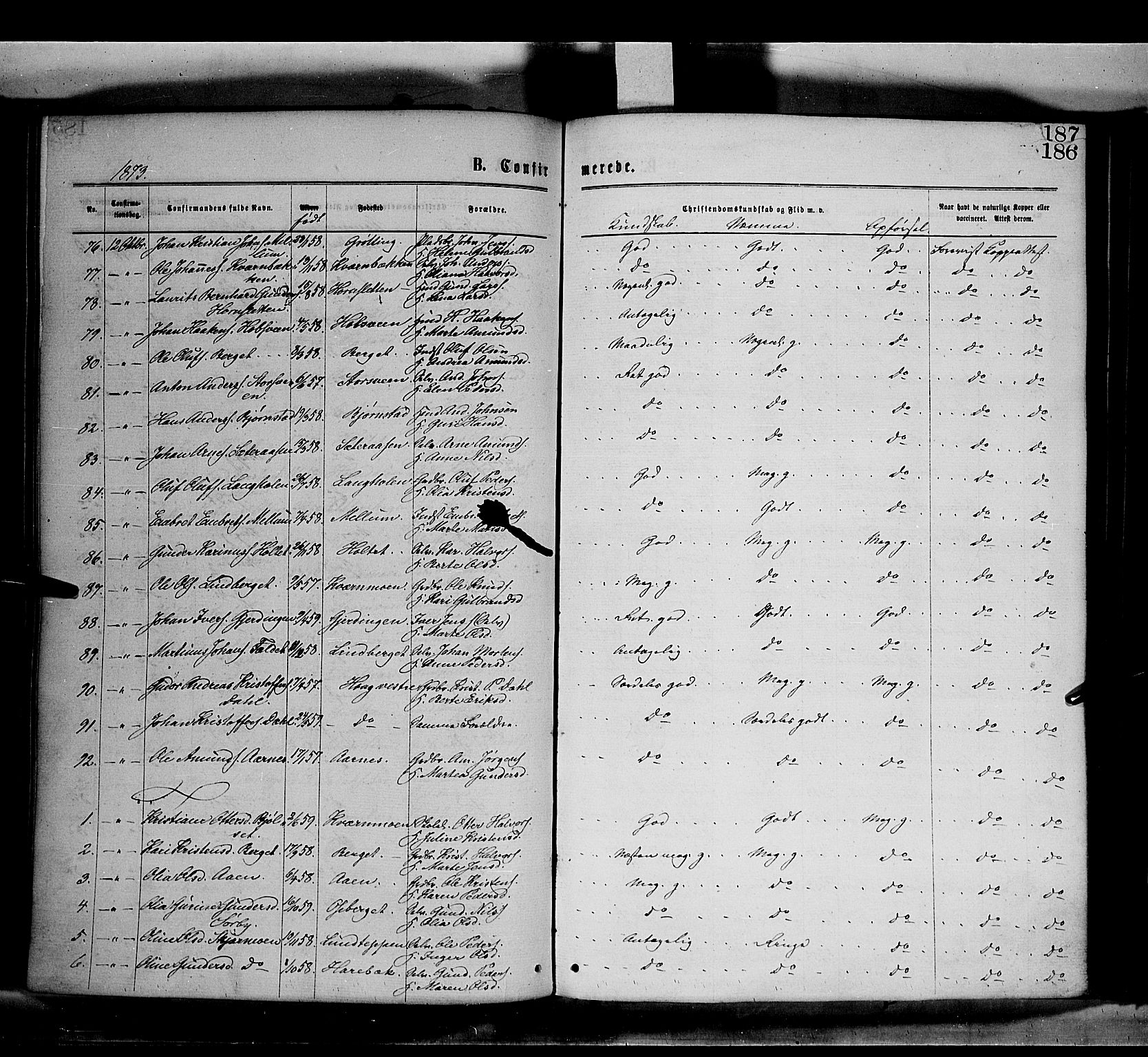 Elverum prestekontor, AV/SAH-PREST-044/H/Ha/Haa/L0011: Parish register (official) no. 11, 1869-1879, p. 186