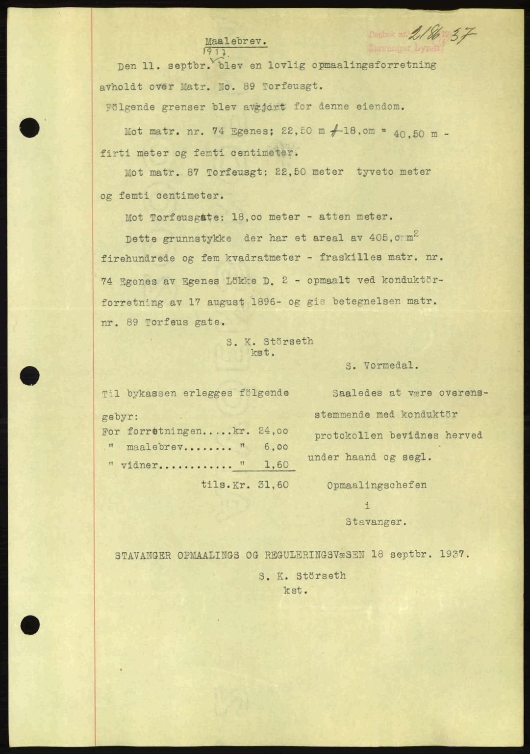 Stavanger byrett, SAST/A-100455/002/G/Gb/L0013: Mortgage book no. A3, 1937-1938, Diary no: : 2186/1937