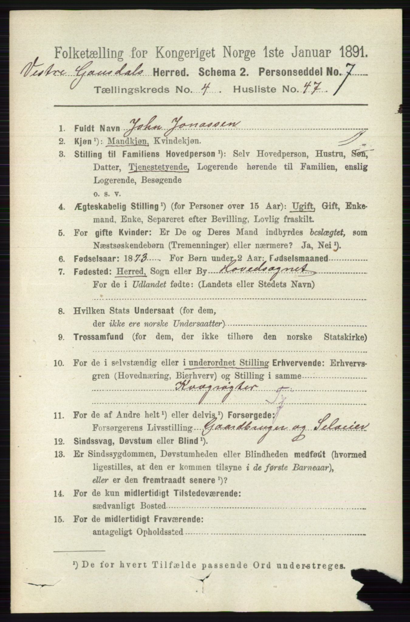 RA, 1891 census for 0523 Vestre Gausdal, 1891, p. 1973