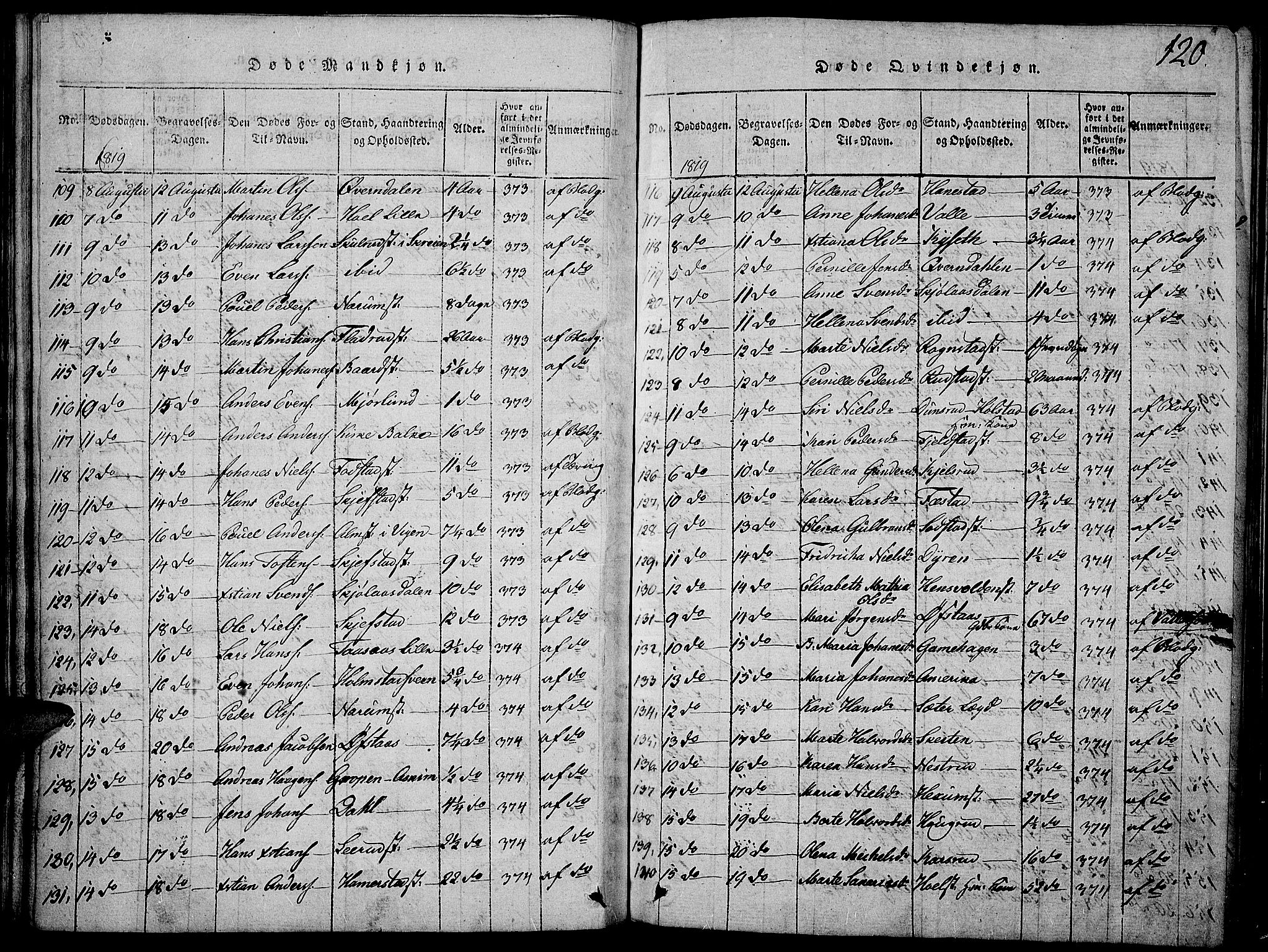 Toten prestekontor, SAH/PREST-102/H/Ha/Haa/L0009: Parish register (official) no. 9, 1814-1820, p. 120