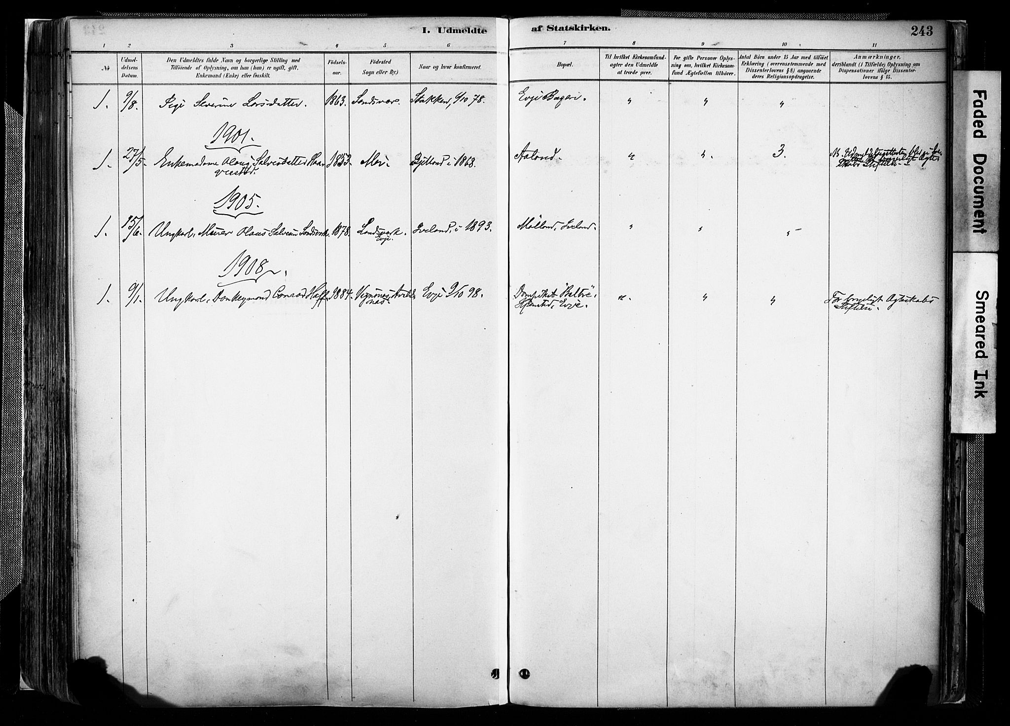 Evje sokneprestkontor, AV/SAK-1111-0008/F/Fa/Faa/L0007: Parish register (official) no. A 7, 1884-1909, p. 243