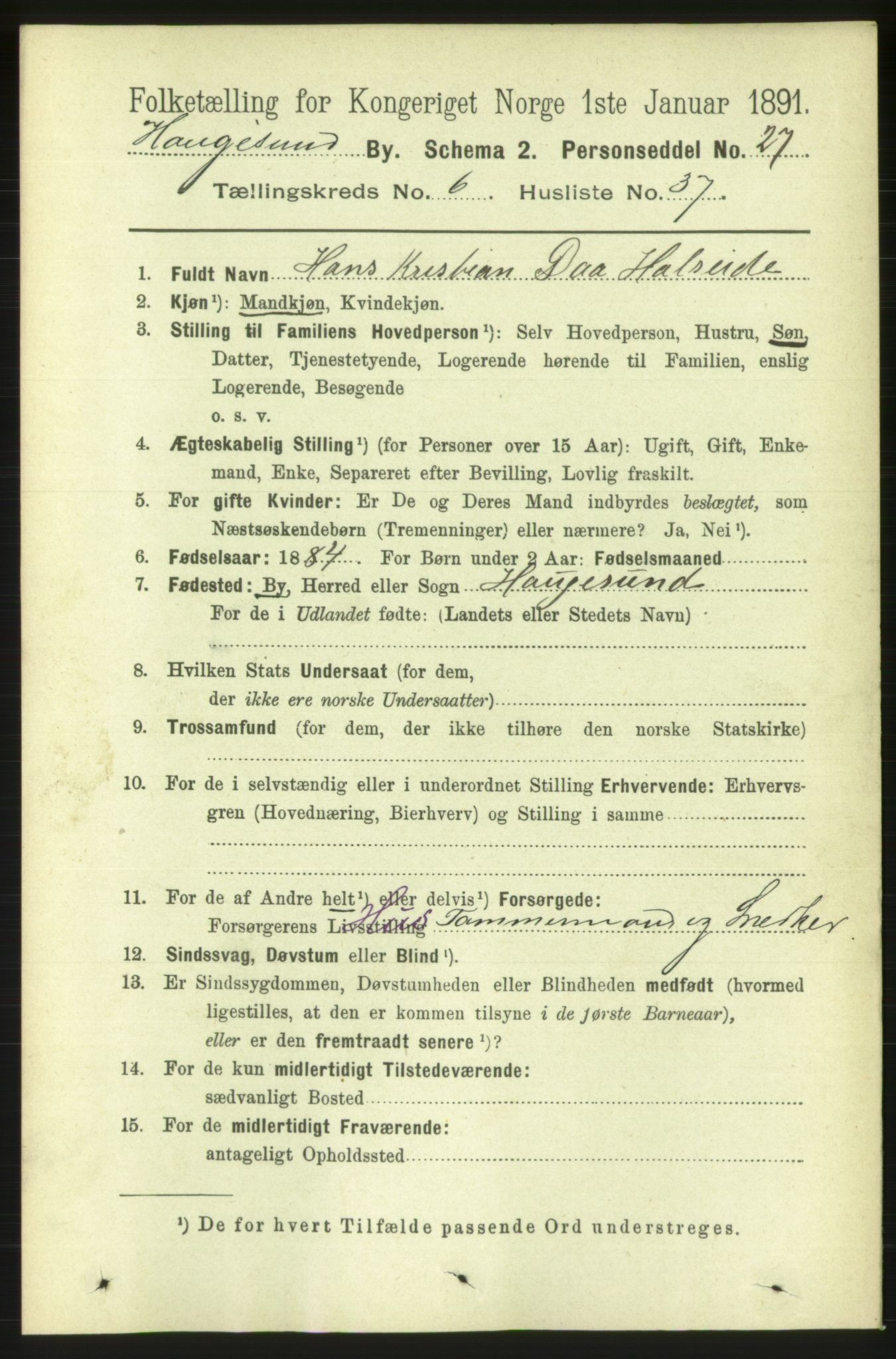 RA, 1891 census for 1106 Haugesund, 1891, p. 2996