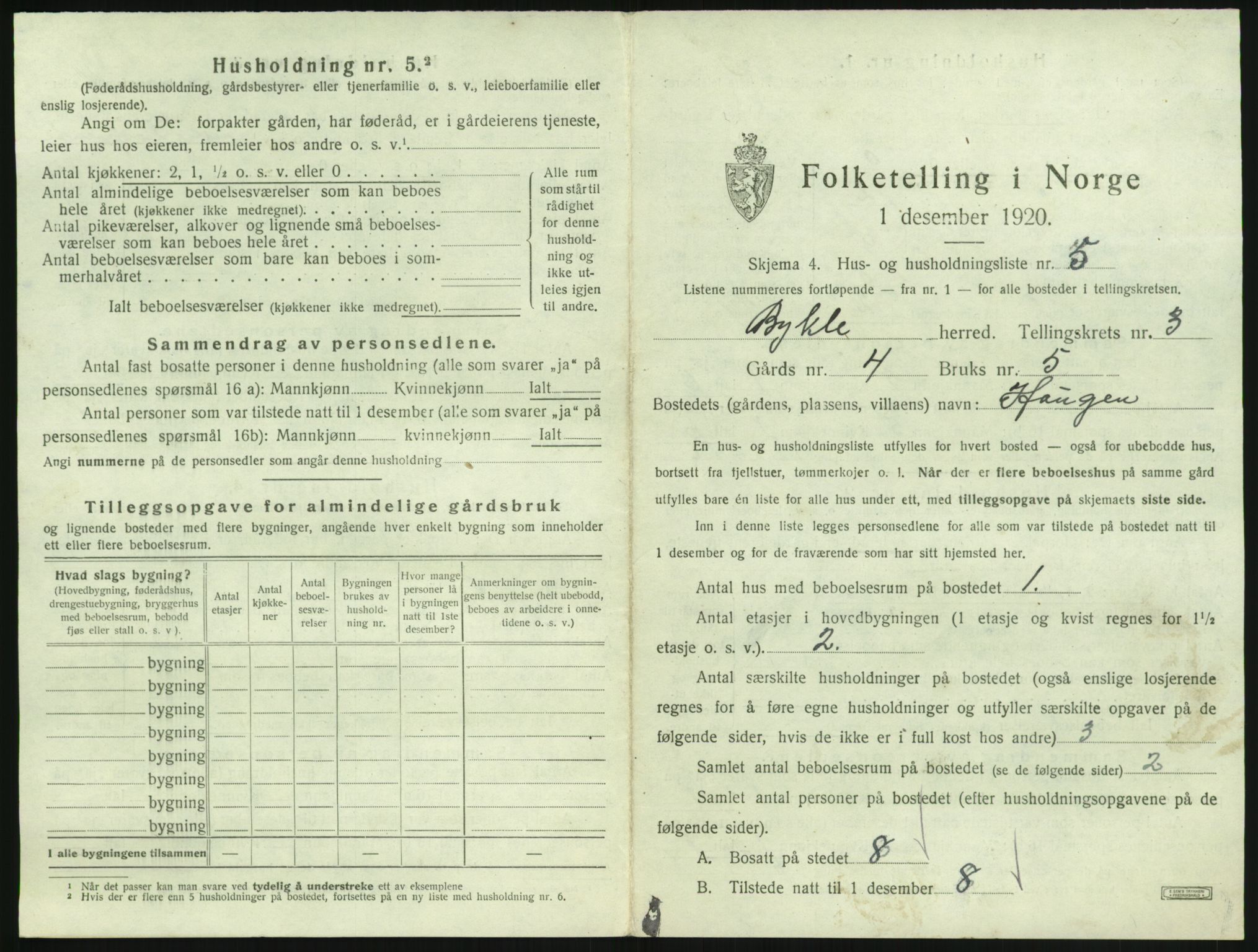 SAK, 1920 census for Bykle, 1920, p. 169