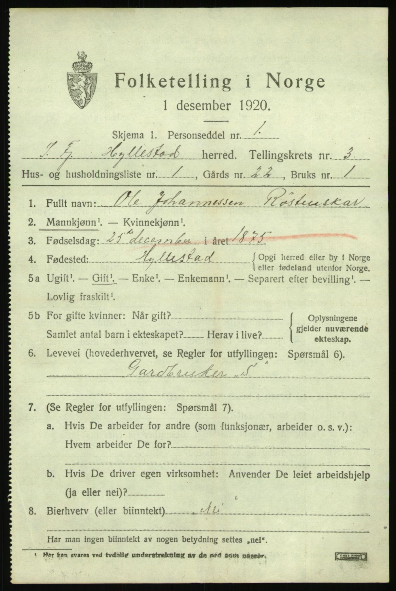 SAB, 1920 census for Hyllestad, 1920, p. 1650