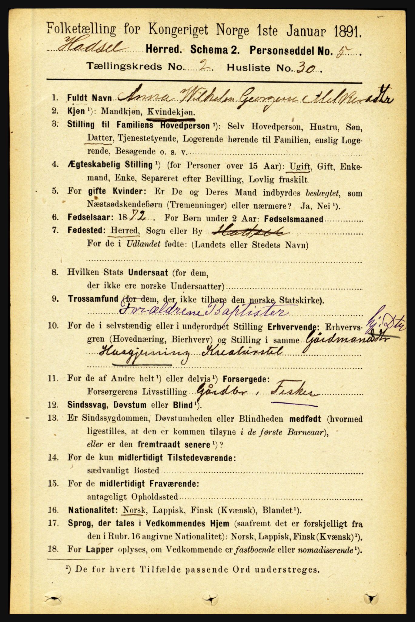 RA, 1891 census for 1866 Hadsel, 1891, p. 844