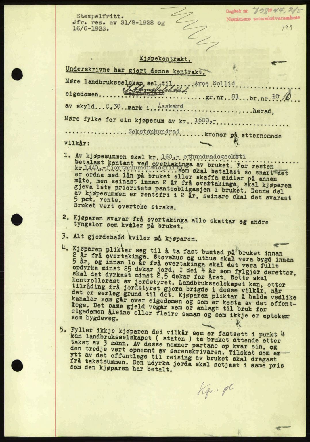 Nordmøre sorenskriveri, AV/SAT-A-4132/1/2/2Ca: Mortgage book no. B91, 1943-1944, Diary no: : 728/1944