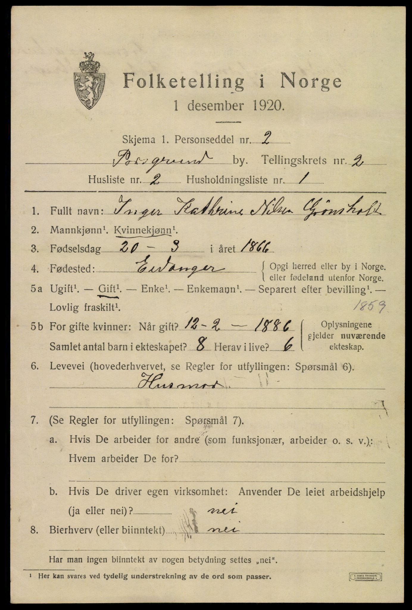 SAKO, 1920 census for Porsgrunn, 1920, p. 10843