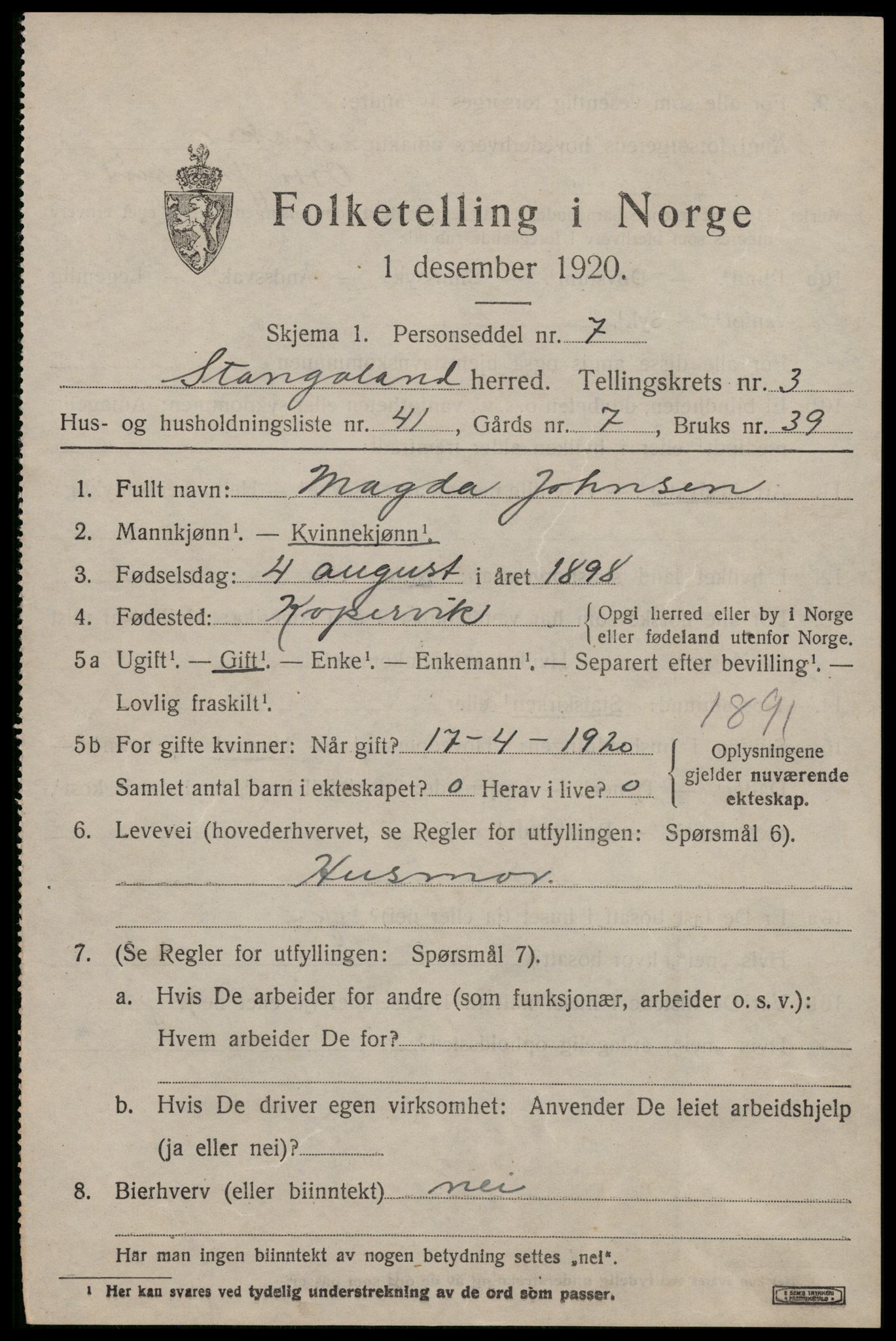 SAST, 1920 census for Stangaland, 1920, p. 2839