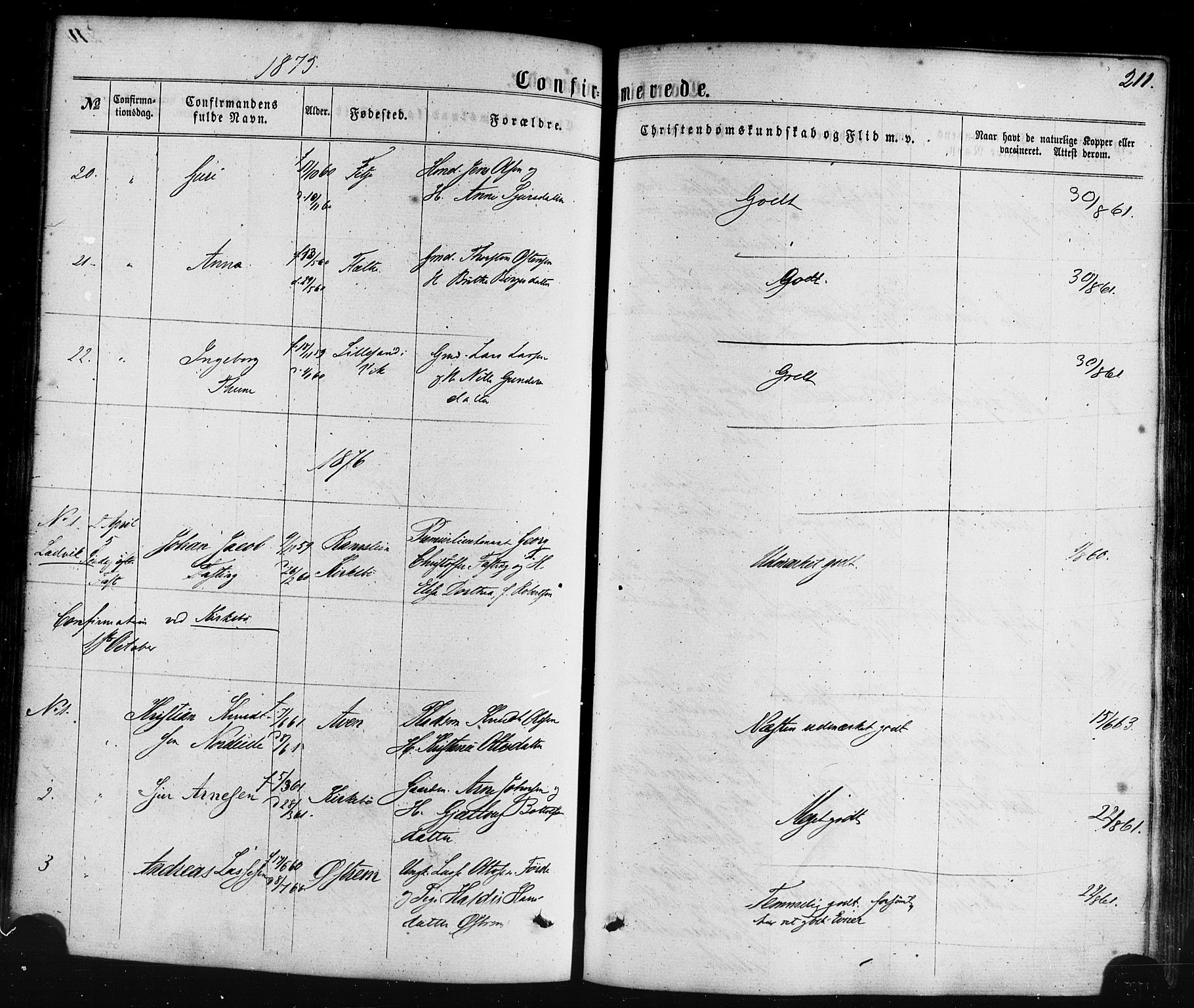 Lavik sokneprestembete, SAB/A-80901: Parish register (official) no. A 4, 1864-1881, p. 211