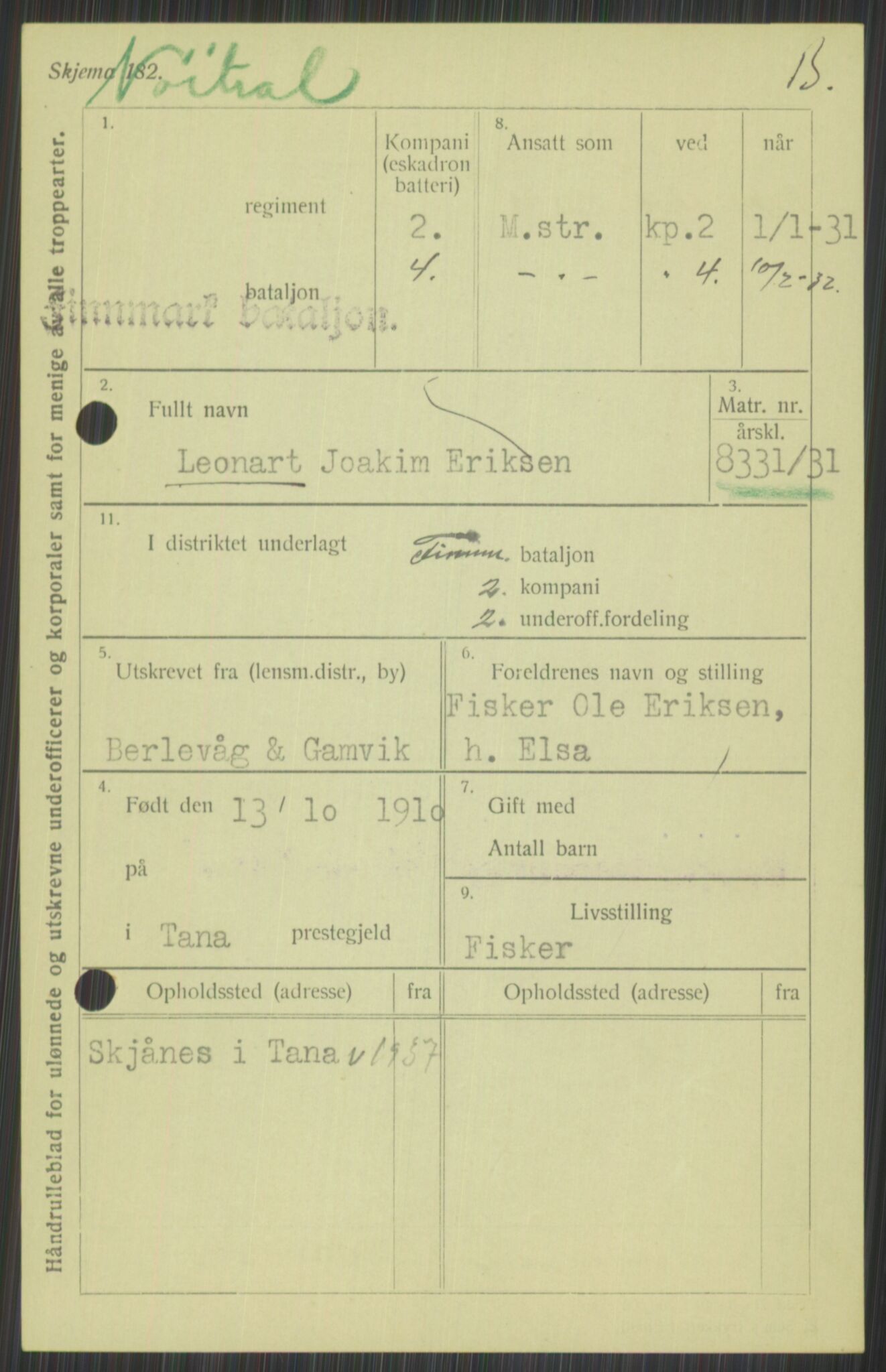 Forsvaret, Varanger bataljon, AV/RA-RAFA-2258/1/D/L0440: Rulleblad for fødte 1892-1912, 1892-1912, p. 1051