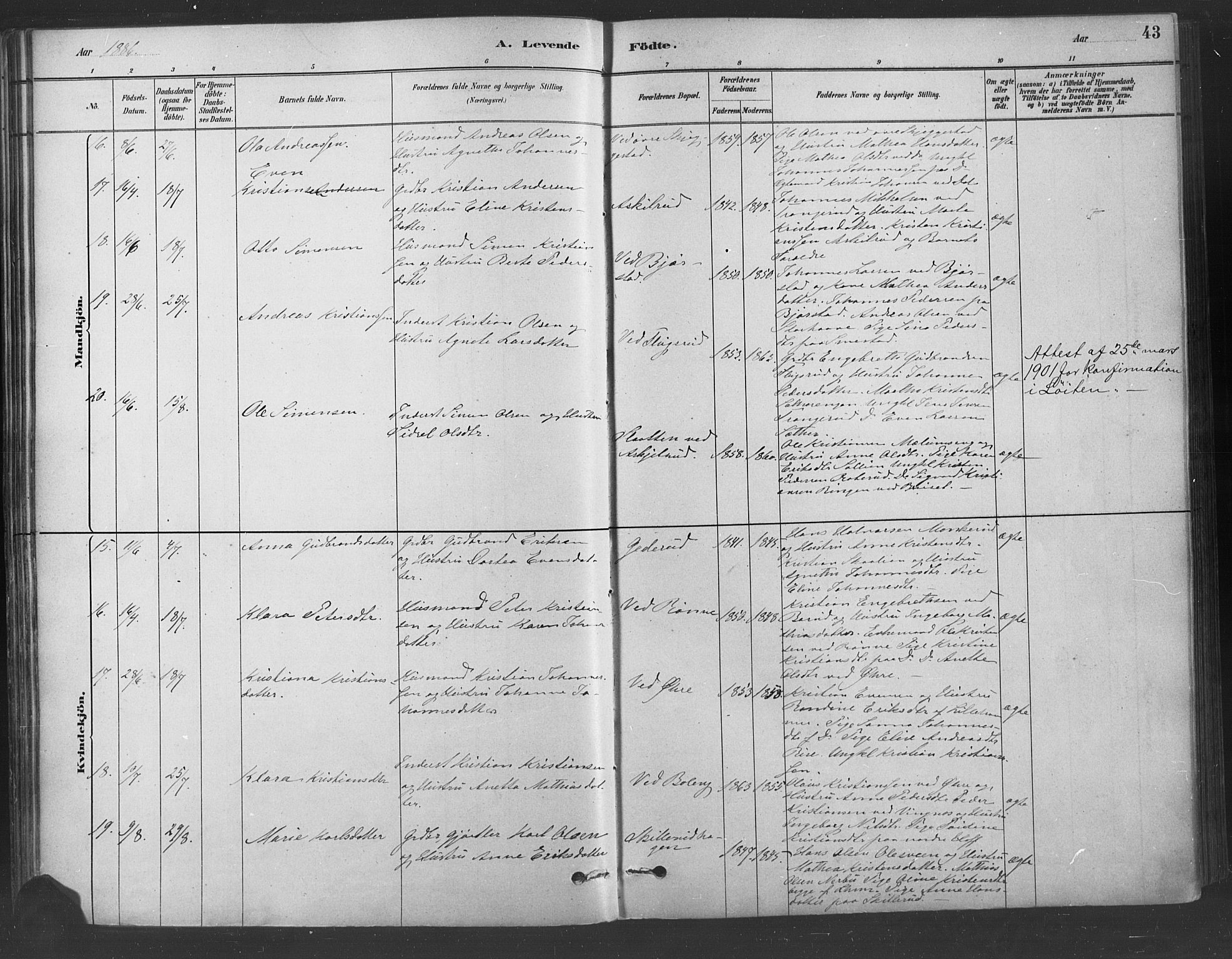 Fåberg prestekontor, AV/SAH-PREST-086/H/Ha/Haa/L0009: Parish register (official) no. 9, 1879-1898, p. 43