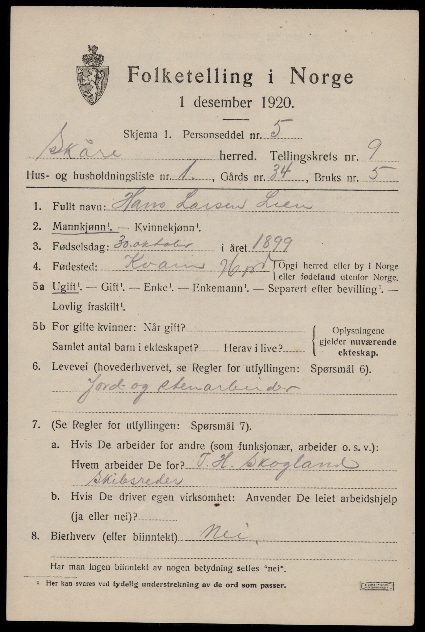 SAST, 1920 census for Skåre, 1920, p. 6838