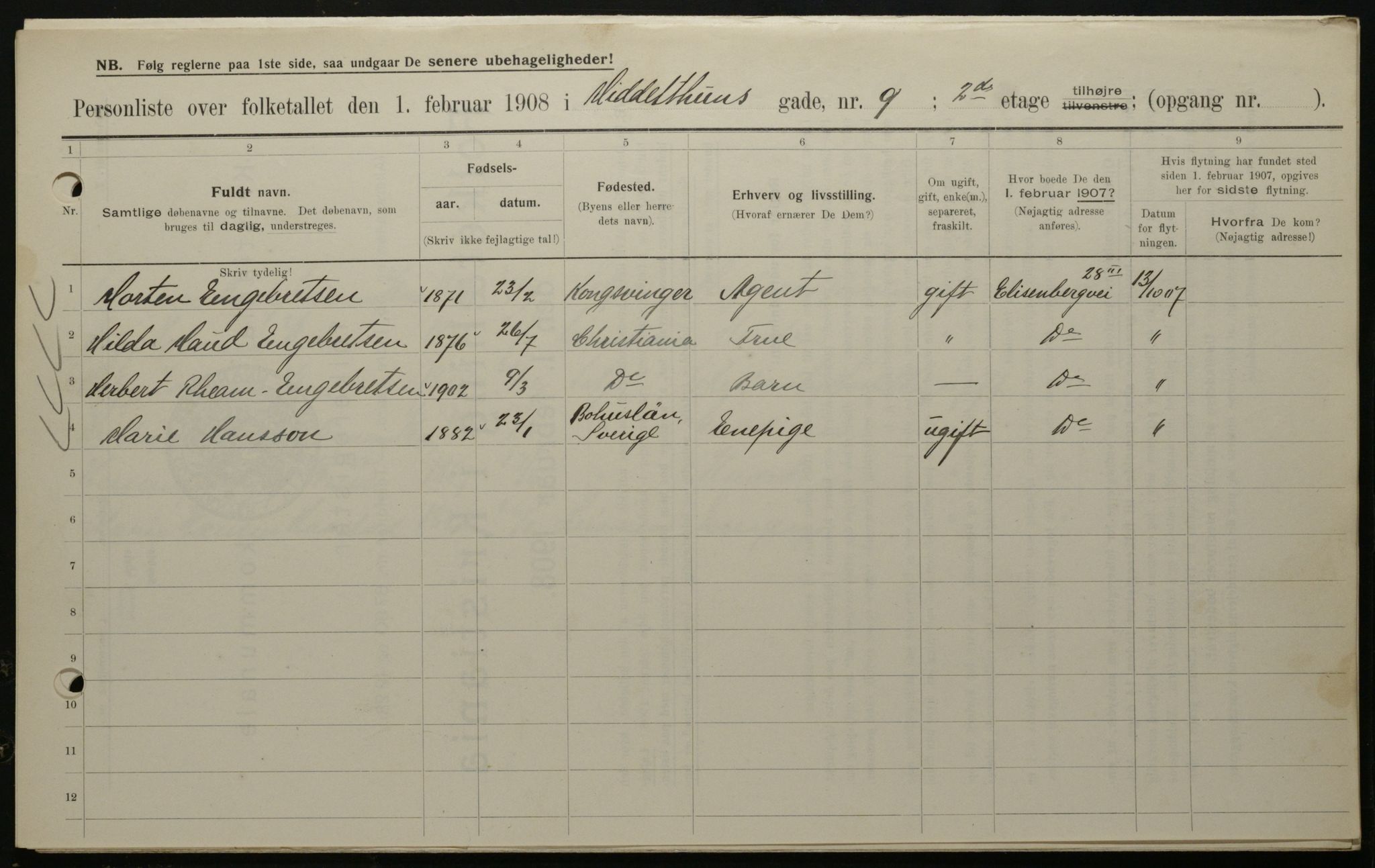 OBA, Municipal Census 1908 for Kristiania, 1908, p. 58564