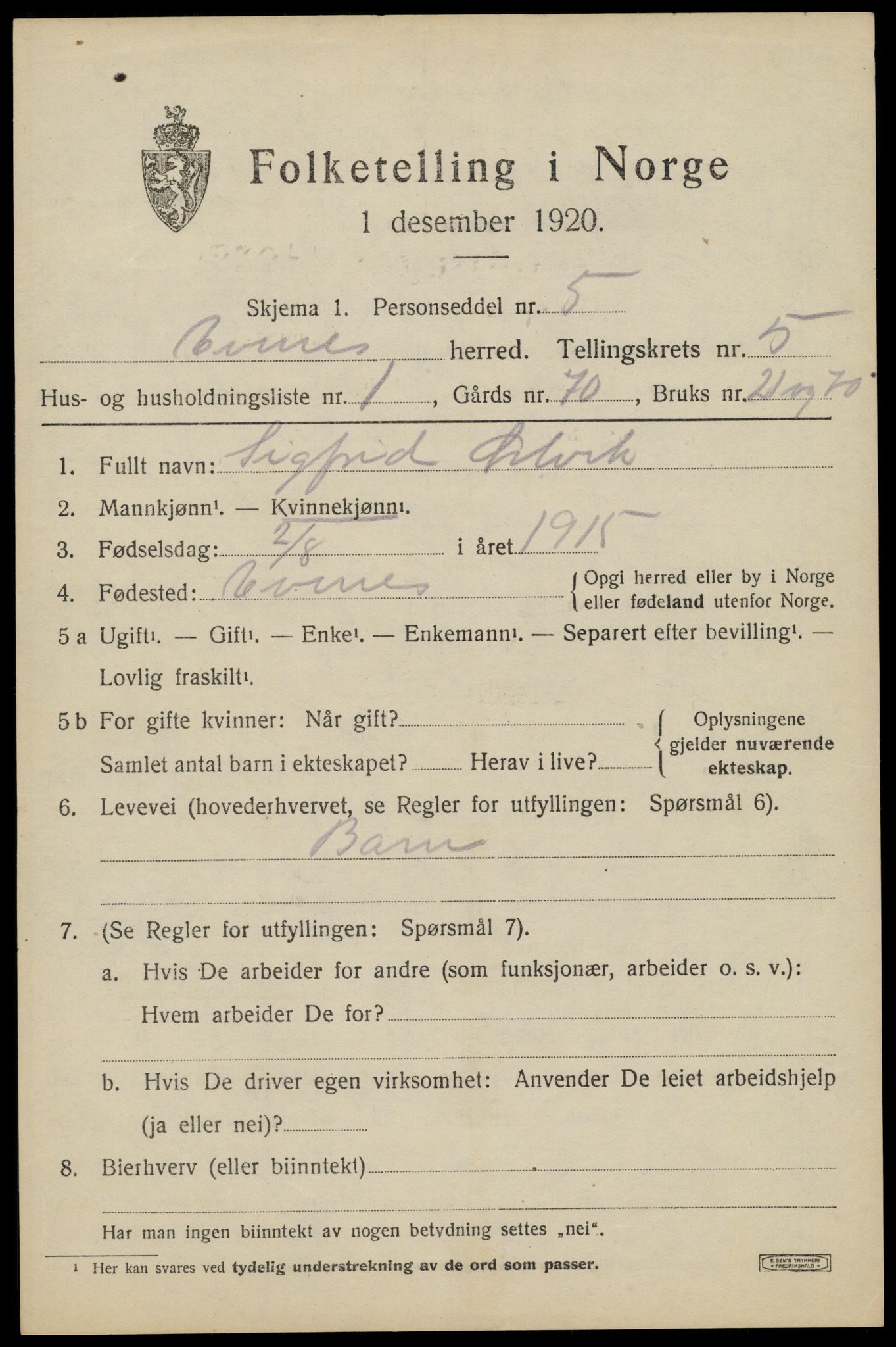 SAT, 1920 census for Evenes, 1920, p. 13190