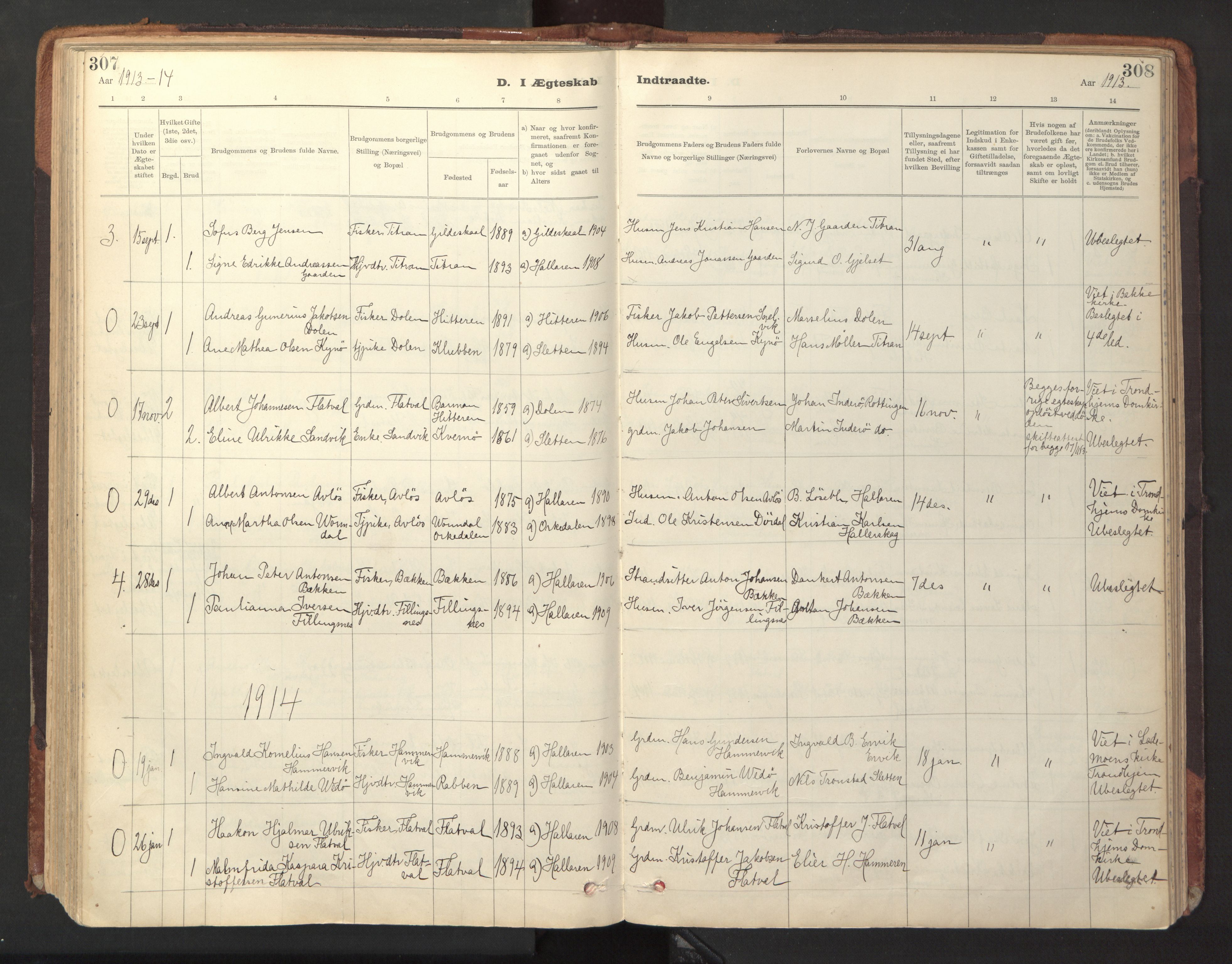 Ministerialprotokoller, klokkerbøker og fødselsregistre - Sør-Trøndelag, SAT/A-1456/641/L0596: Parish register (official) no. 641A02, 1898-1915, p. 307-308