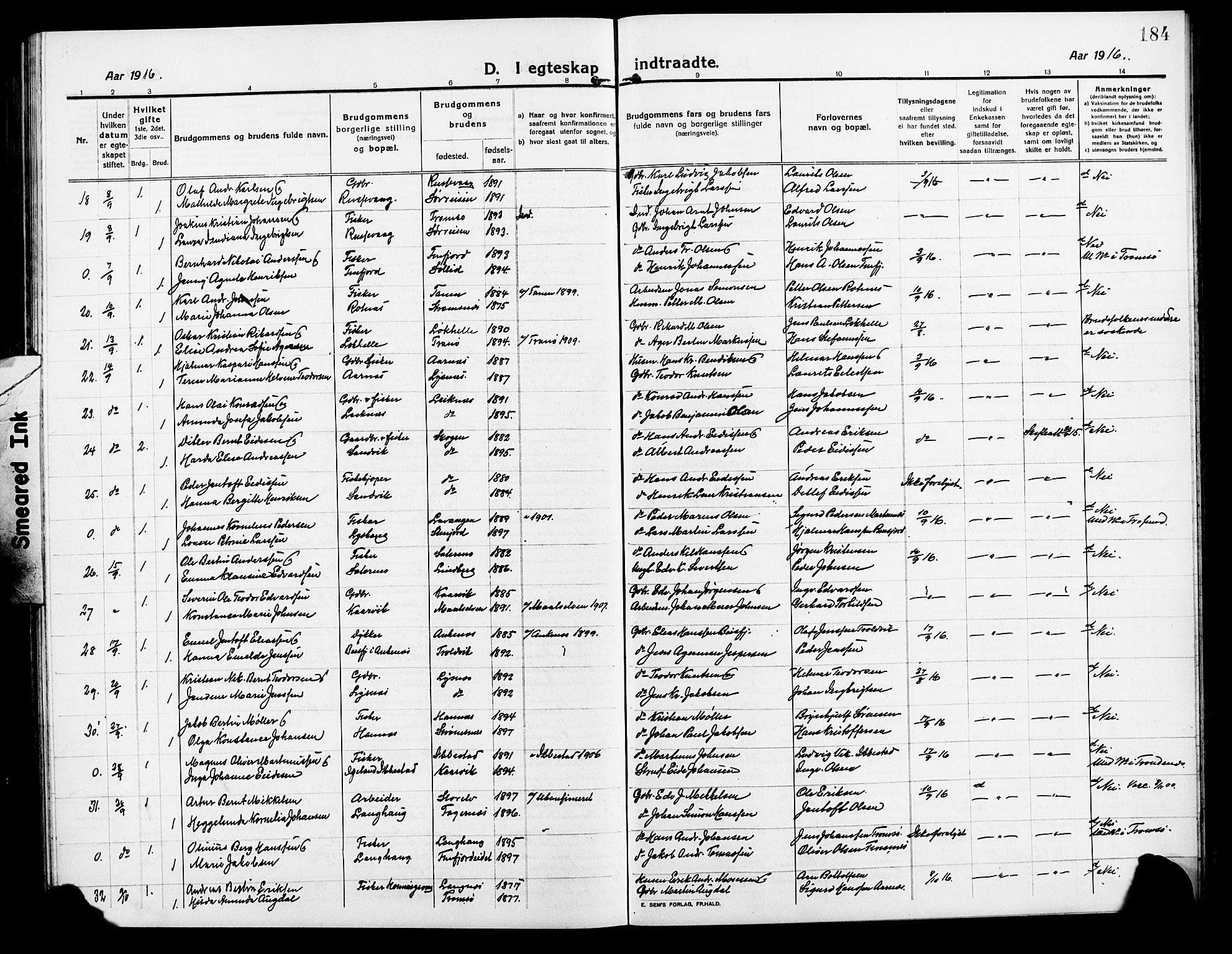 Lenvik sokneprestembete, AV/SATØ-S-1310/H/Ha/Hab/L0009klokker: Parish register (copy) no. 9, 1912-1926, p. 184