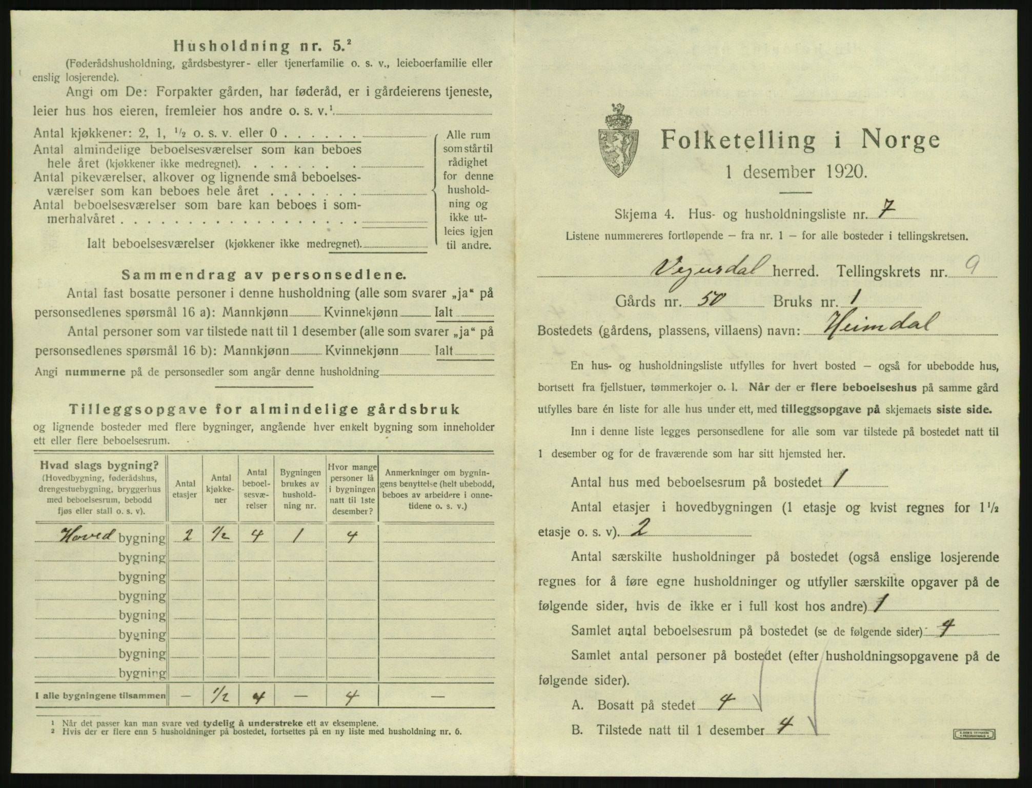 SAK, 1920 census for Vegusdal, 1920, p. 335