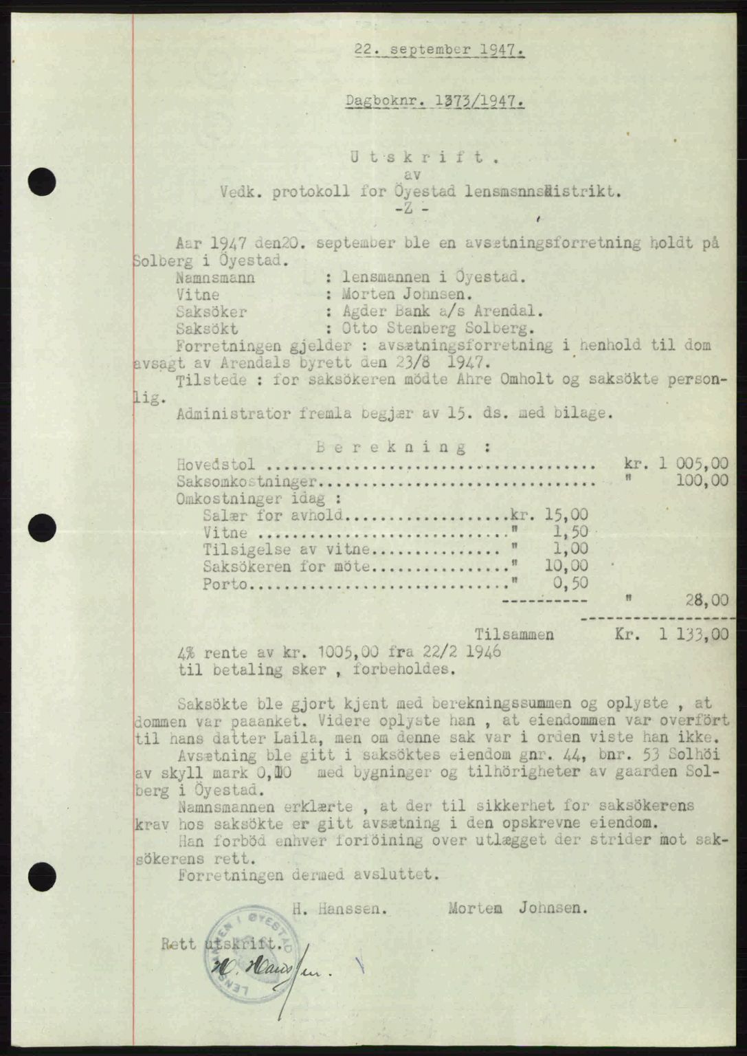 Nedenes sorenskriveri, AV/SAK-1221-0006/G/Gb/Gba/L0058: Mortgage book no. A10, 1947-1948, Diary no: : 1373/1947