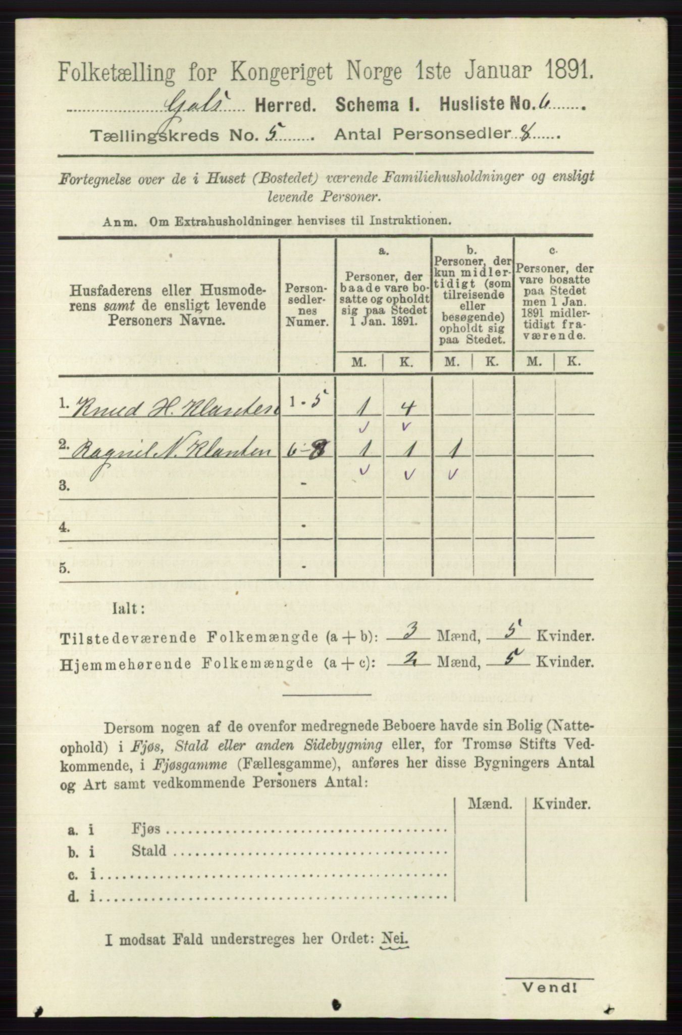 RA, 1891 census for 0617 Gol og Hemsedal, 1891, p. 2301