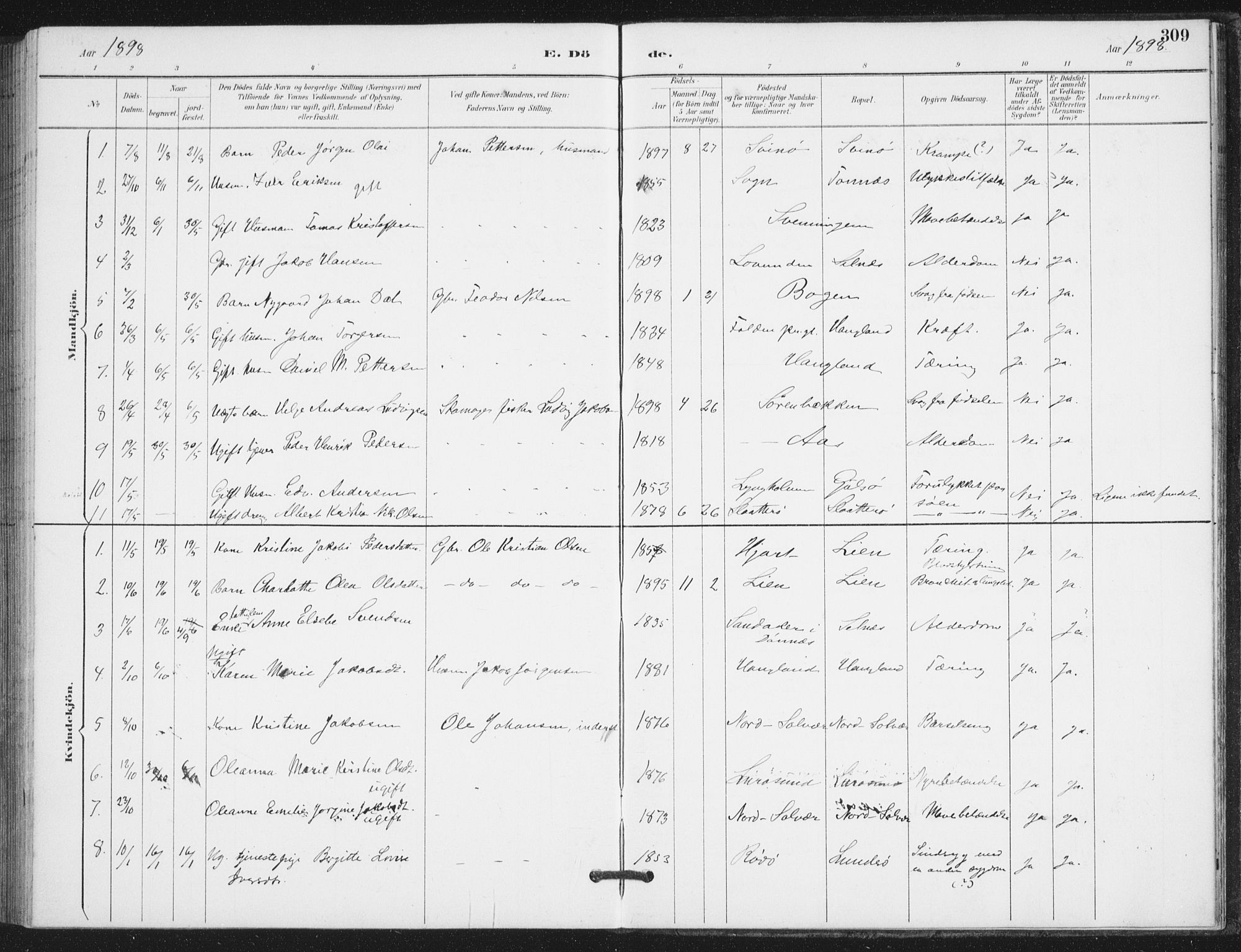 Ministerialprotokoller, klokkerbøker og fødselsregistre - Nordland, SAT/A-1459/839/L0573: Parish register (copy) no. 839C03, 1892-1917, p. 309