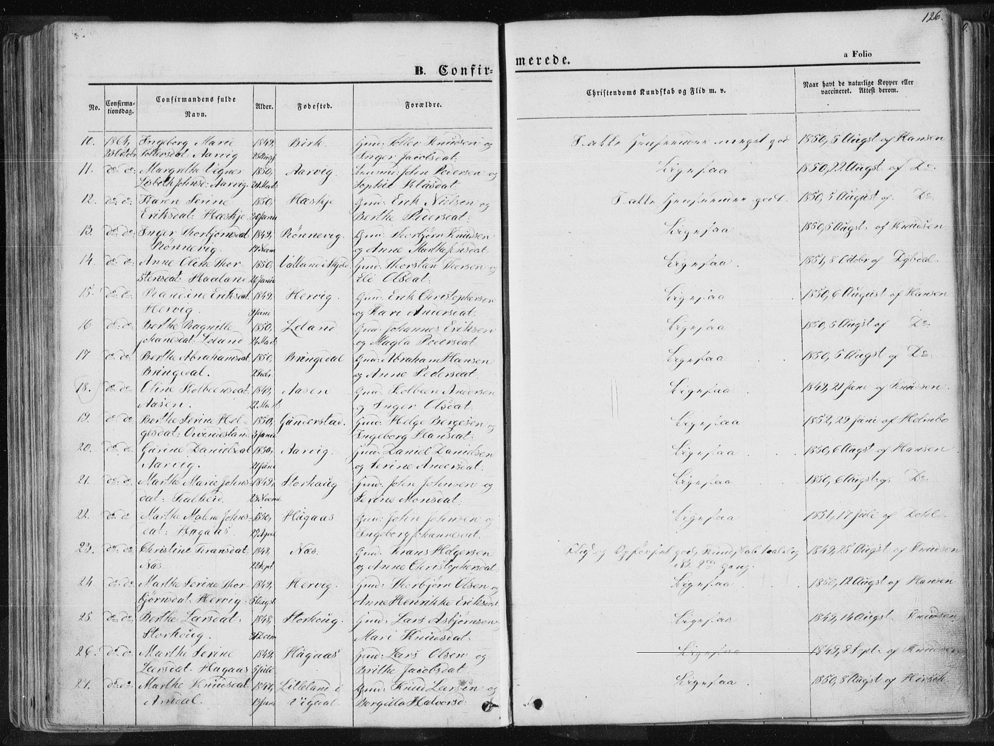 Tysvær sokneprestkontor, SAST/A -101864/H/Ha/Haa/L0003: Parish register (official) no. A 3, 1856-1865, p. 126