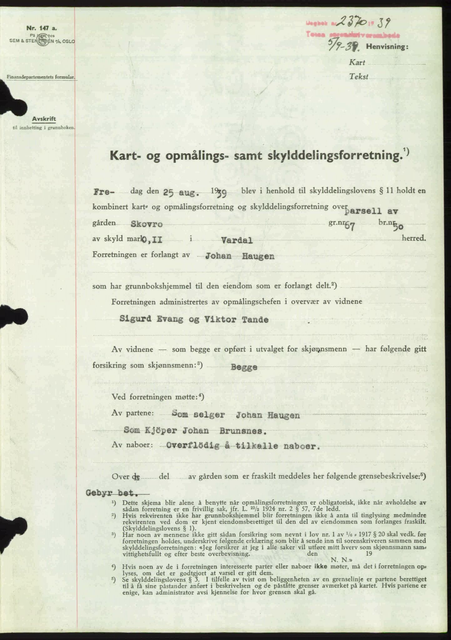 Toten tingrett, SAH/TING-006/H/Hb/Hbc/L0006: Mortgage book no. Hbc-06, 1939-1939, Diary no: : 2370/1939