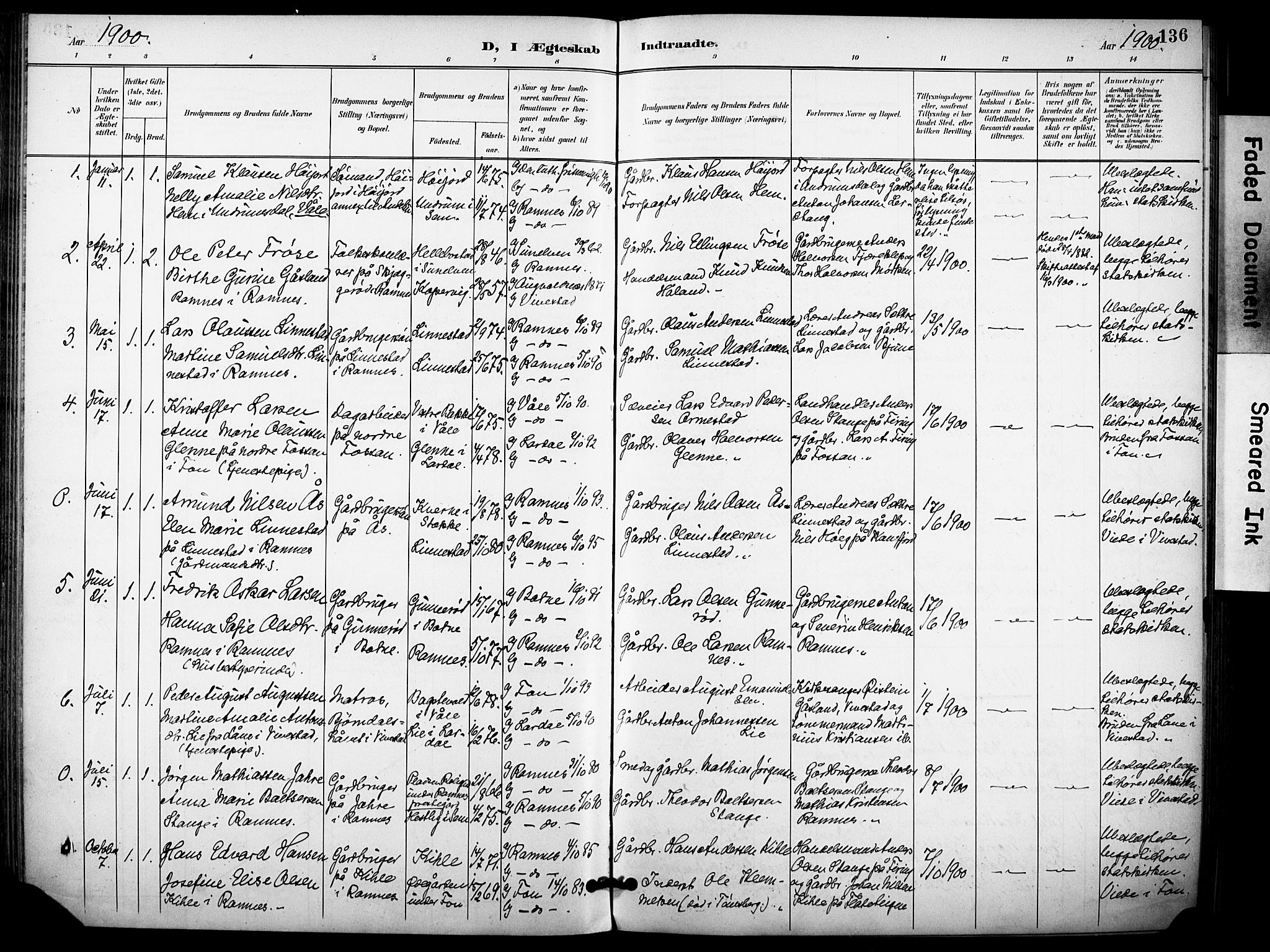 Ramnes kirkebøker, AV/SAKO-A-314/F/Fa/L0008: Parish register (official) no. I 8, 1896-1913, p. 136