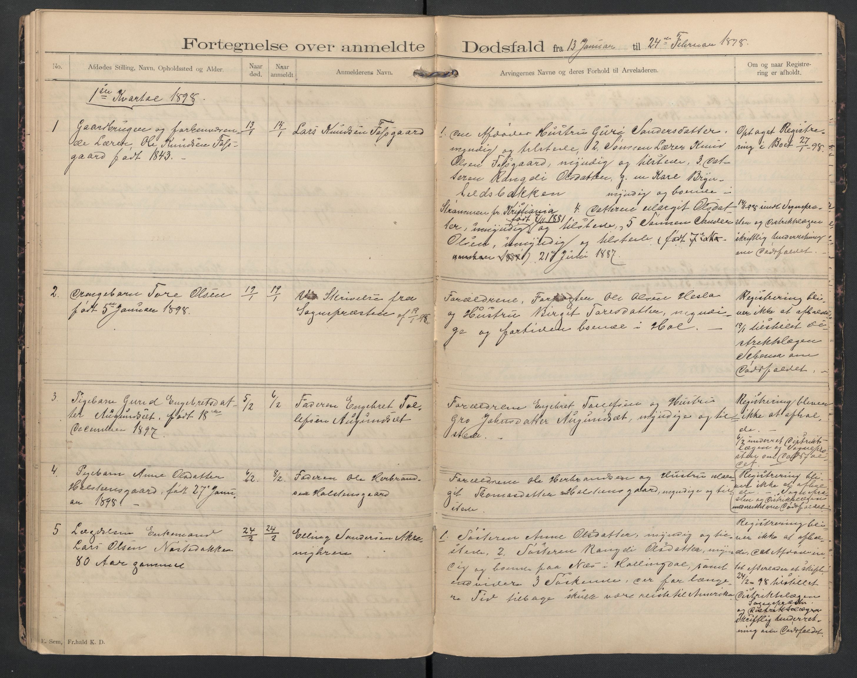 Hol lensmannskontor, SAKO/A-512/H/Ha/L0002: Dødsanmeldelsesprotokoll, 1893-1899