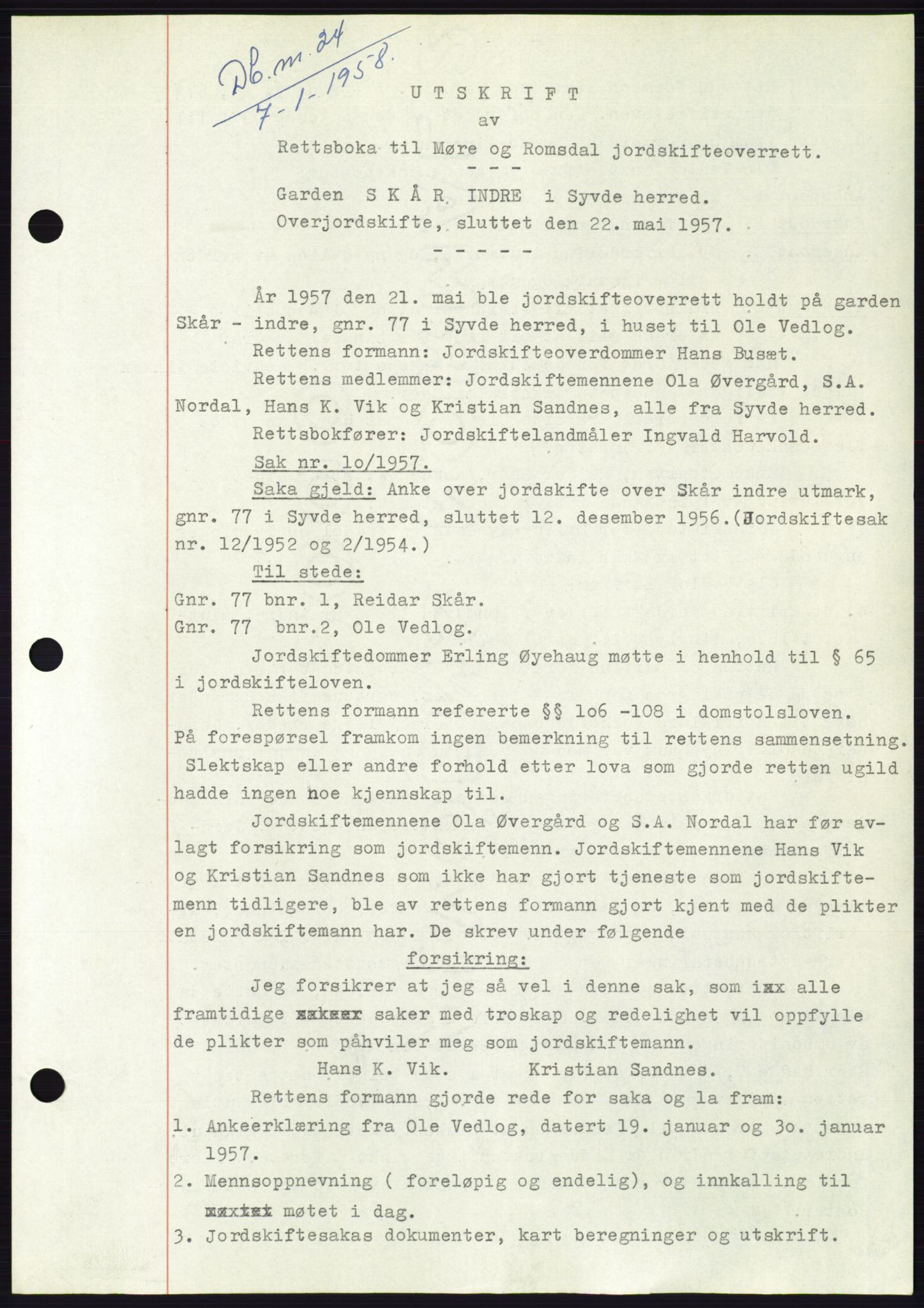 Søre Sunnmøre sorenskriveri, AV/SAT-A-4122/1/2/2C/L0108: Mortgage book no. 34A, 1957-1958, Diary no: : 24/1958