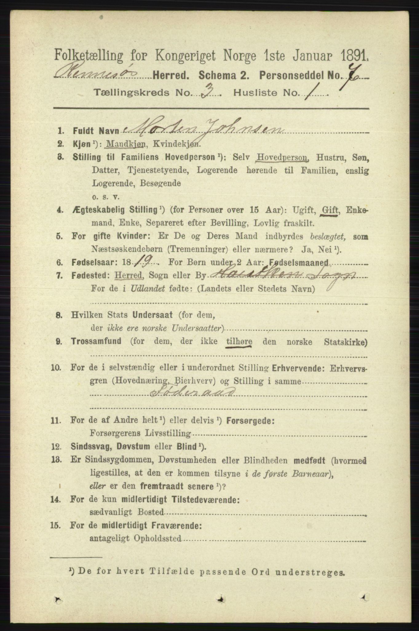 RA, 1891 census for 1142 Rennesøy, 1891, p. 995