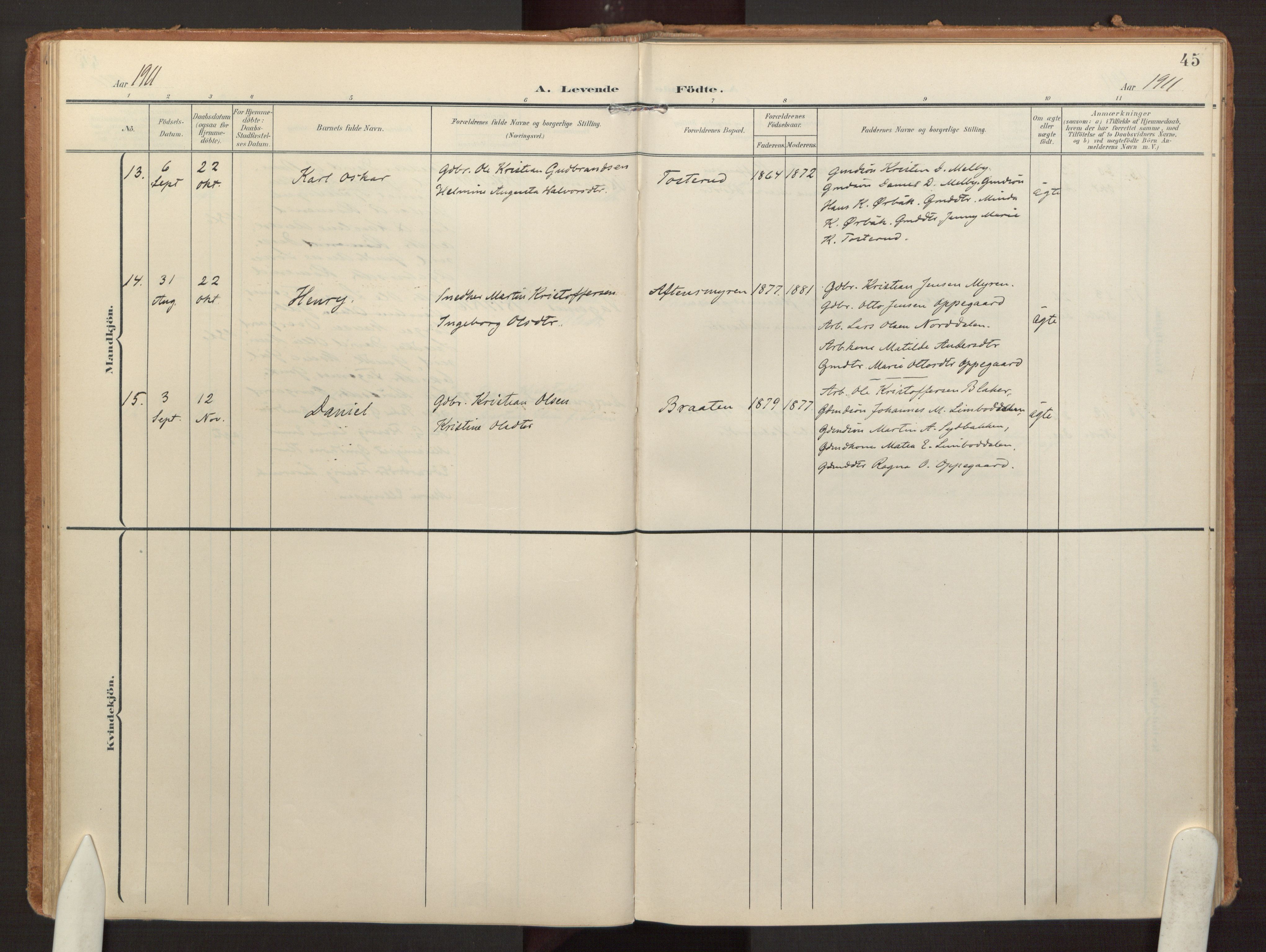 Hurdal prestekontor Kirkebøker, SAO/A-10889/F/Fb/L0004: Parish register (official) no. II 4, 1902-1924, p. 45