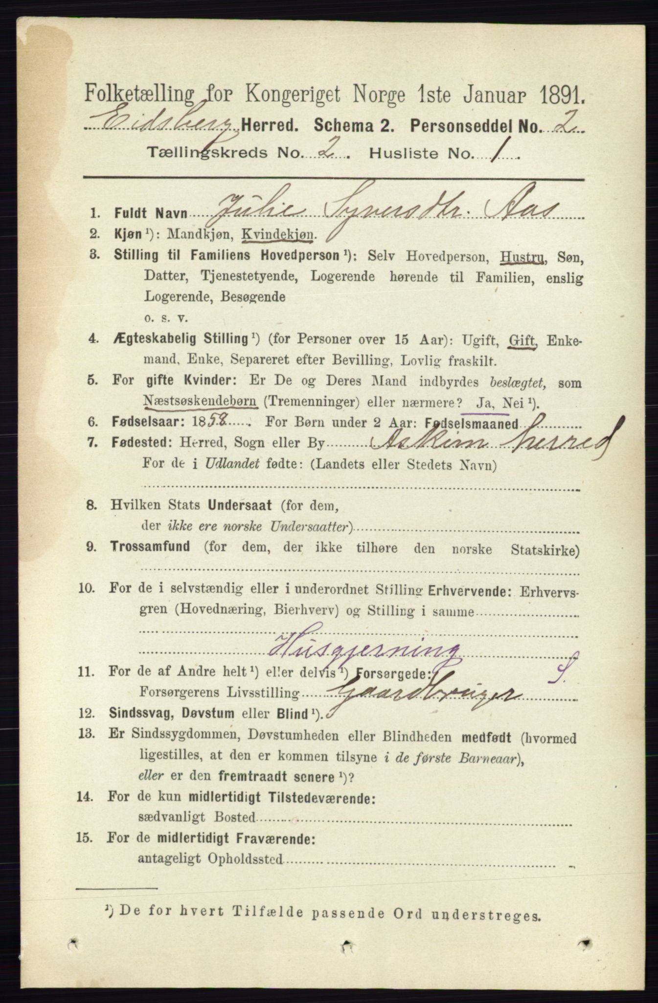 RA, 1891 census for 0125 Eidsberg, 1891, p. 839