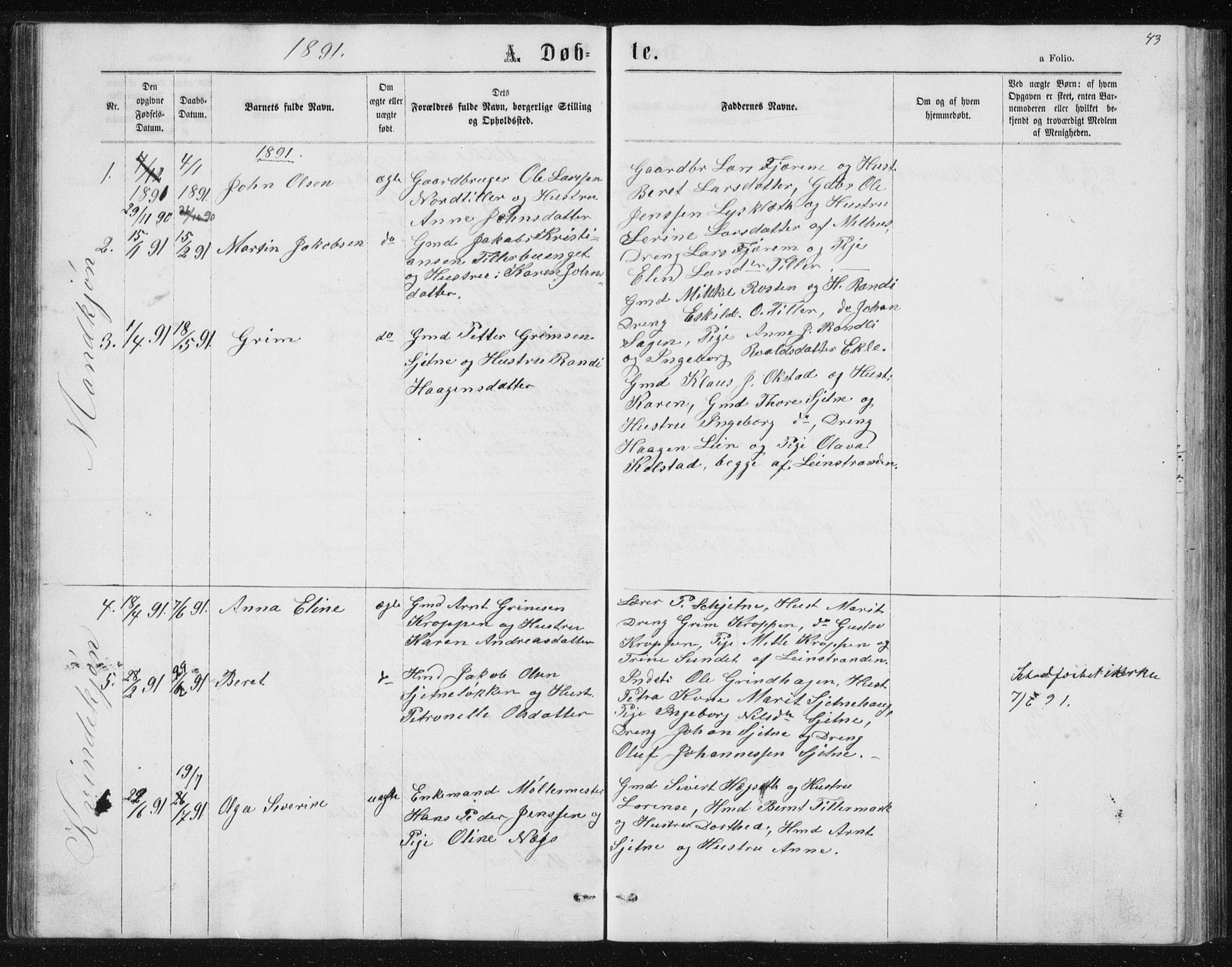Ministerialprotokoller, klokkerbøker og fødselsregistre - Sør-Trøndelag, SAT/A-1456/621/L0459: Parish register (copy) no. 621C02, 1866-1895, p. 43