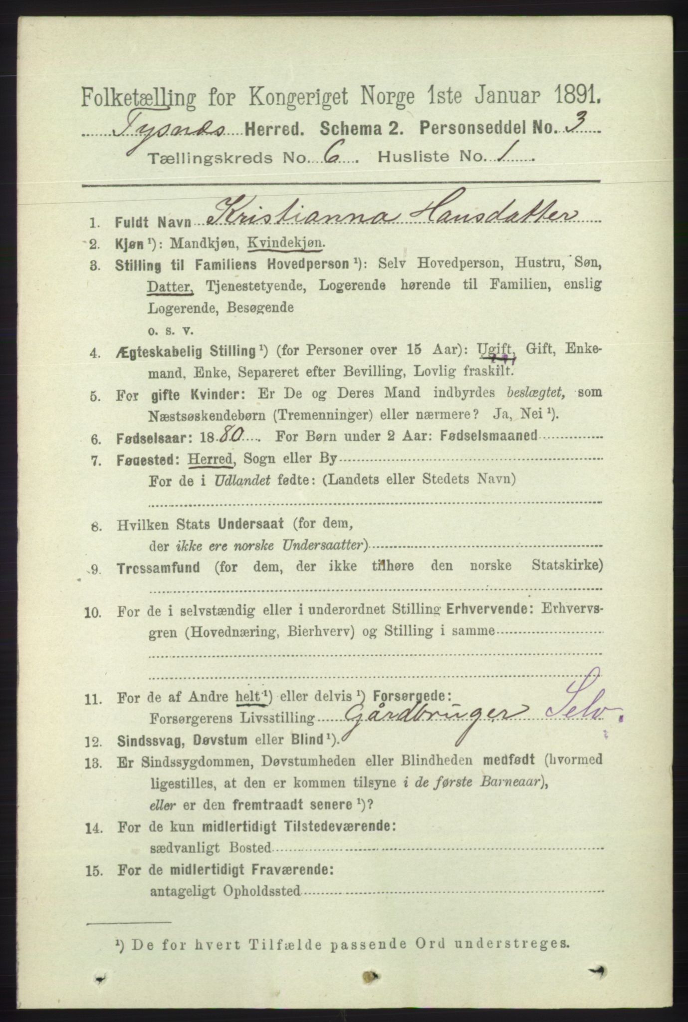 RA, 1891 census for 1223 Tysnes, 1891, p. 2372