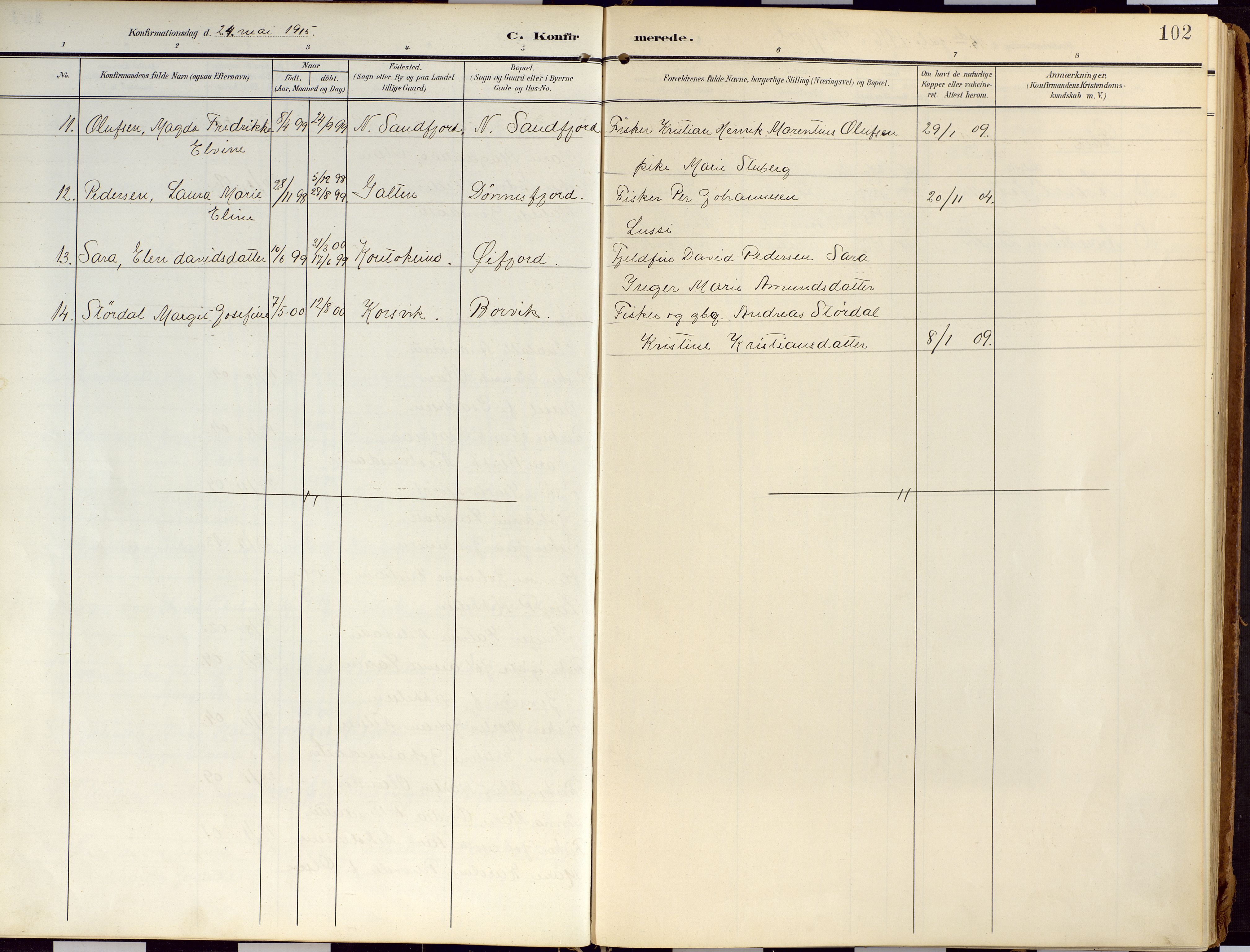 Loppa sokneprestkontor, SATØ/S-1339/H/Ha/L0010kirke: Parish register (official) no. 10, 1907-1922, p. 102