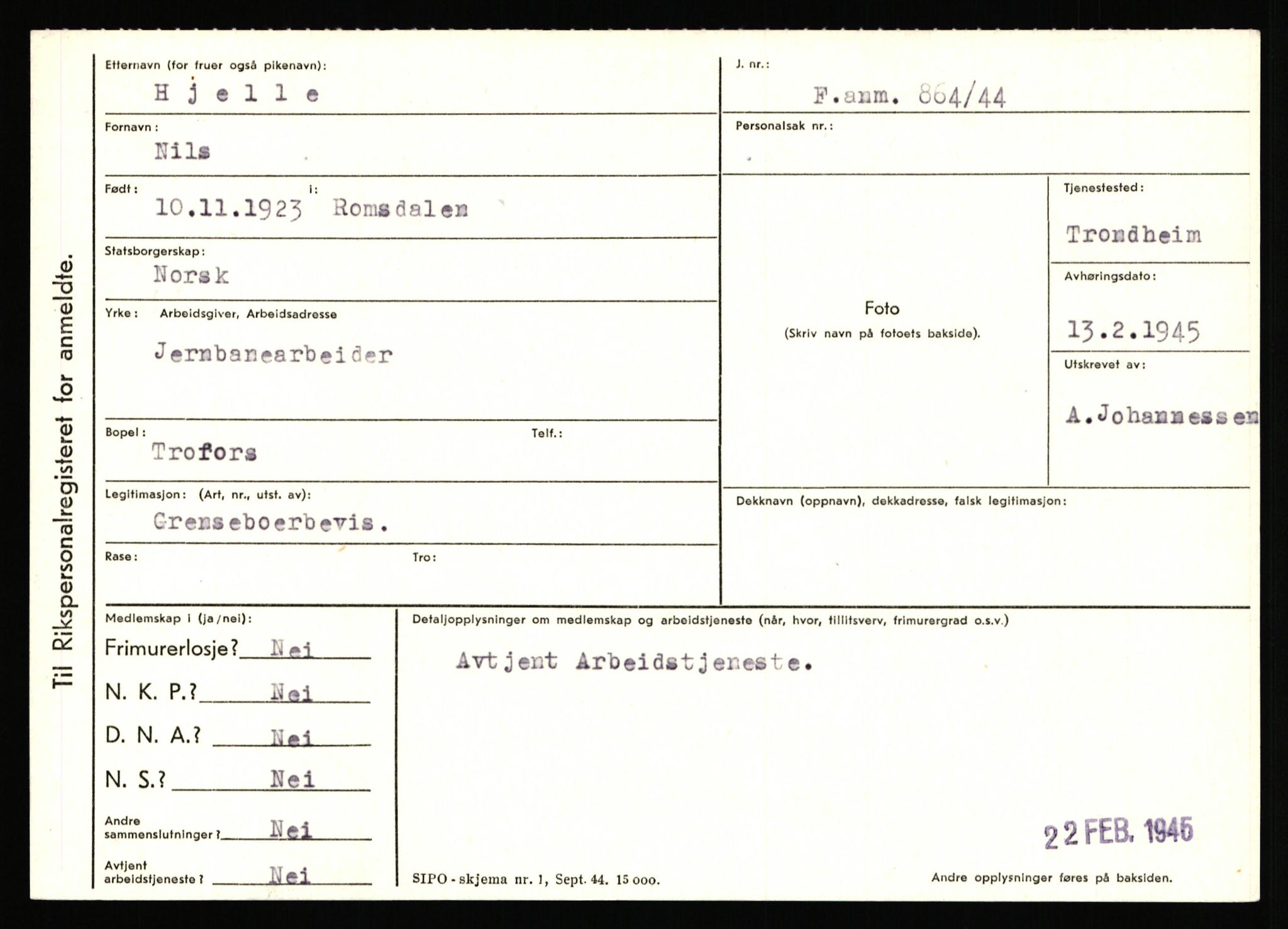 Statspolitiet - Hovedkontoret / Osloavdelingen, AV/RA-S-1329/C/Ca/L0006: Hanche - Hokstvedt, 1943-1945, p. 4389