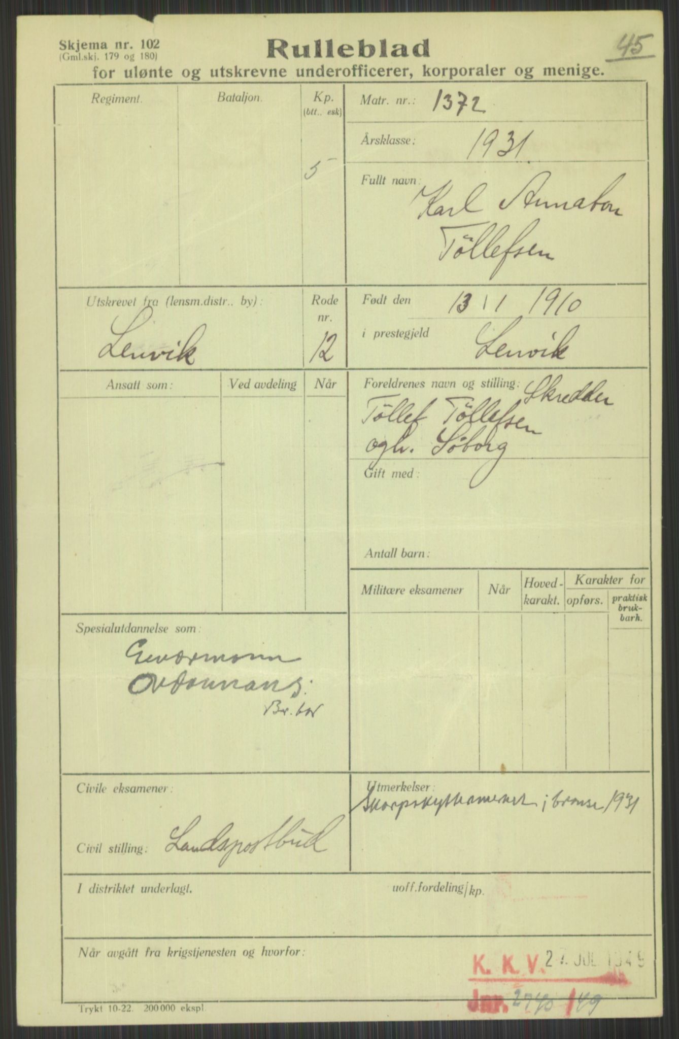 Forsvaret, Troms infanteriregiment nr. 16, AV/RA-RAFA-3146/P/Pa/L0015: Rulleblad for regimentets menige mannskaper, årsklasse 1931, 1931, p. 1159