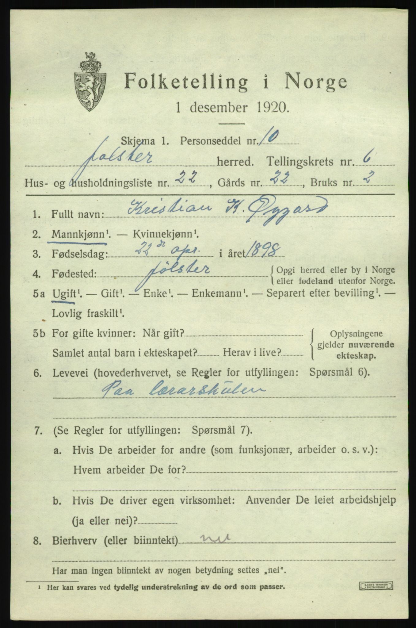 SAB, 1920 census for Jølster, 1920, p. 3576