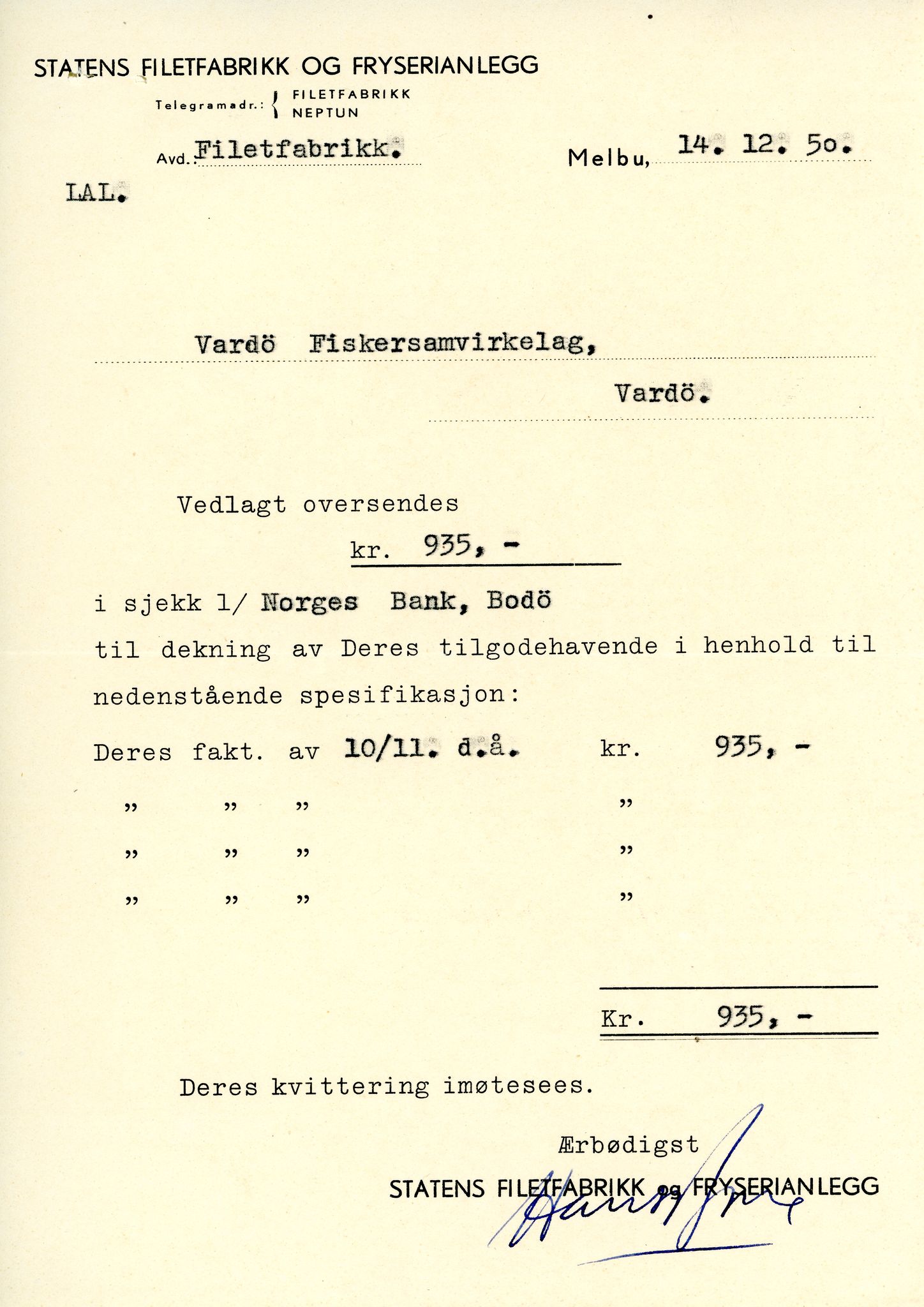 Vardø Fiskersamvirkelag, VAMU/A-0037/D/Da/L0006: Korrespondanse Re-St, 1947-1951