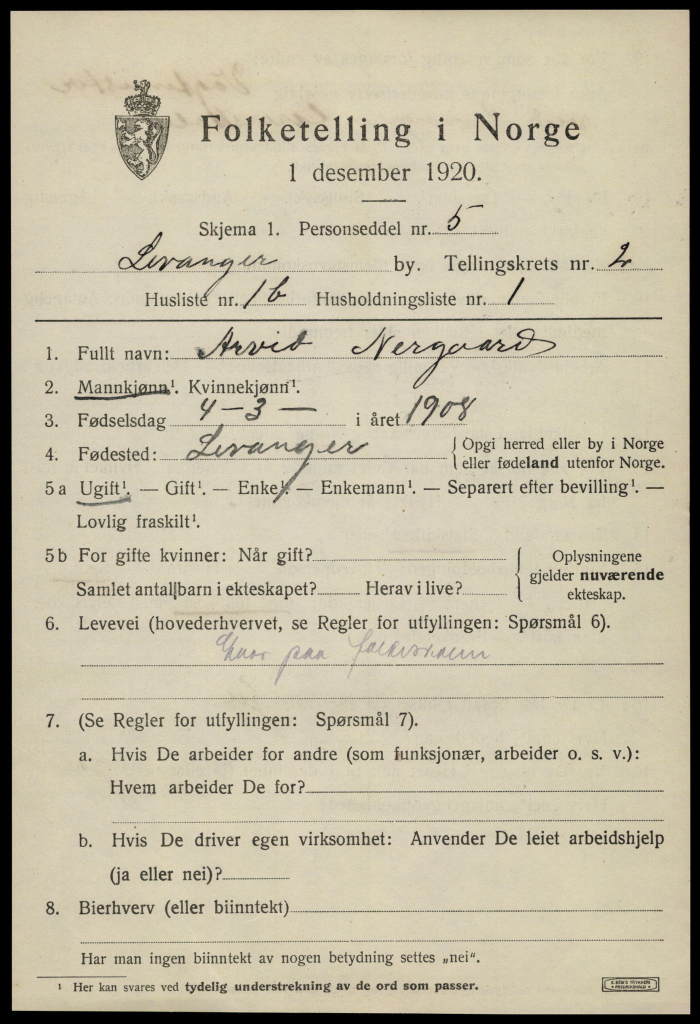 SAT, 1920 census for Levanger town, 1920, p. 2796