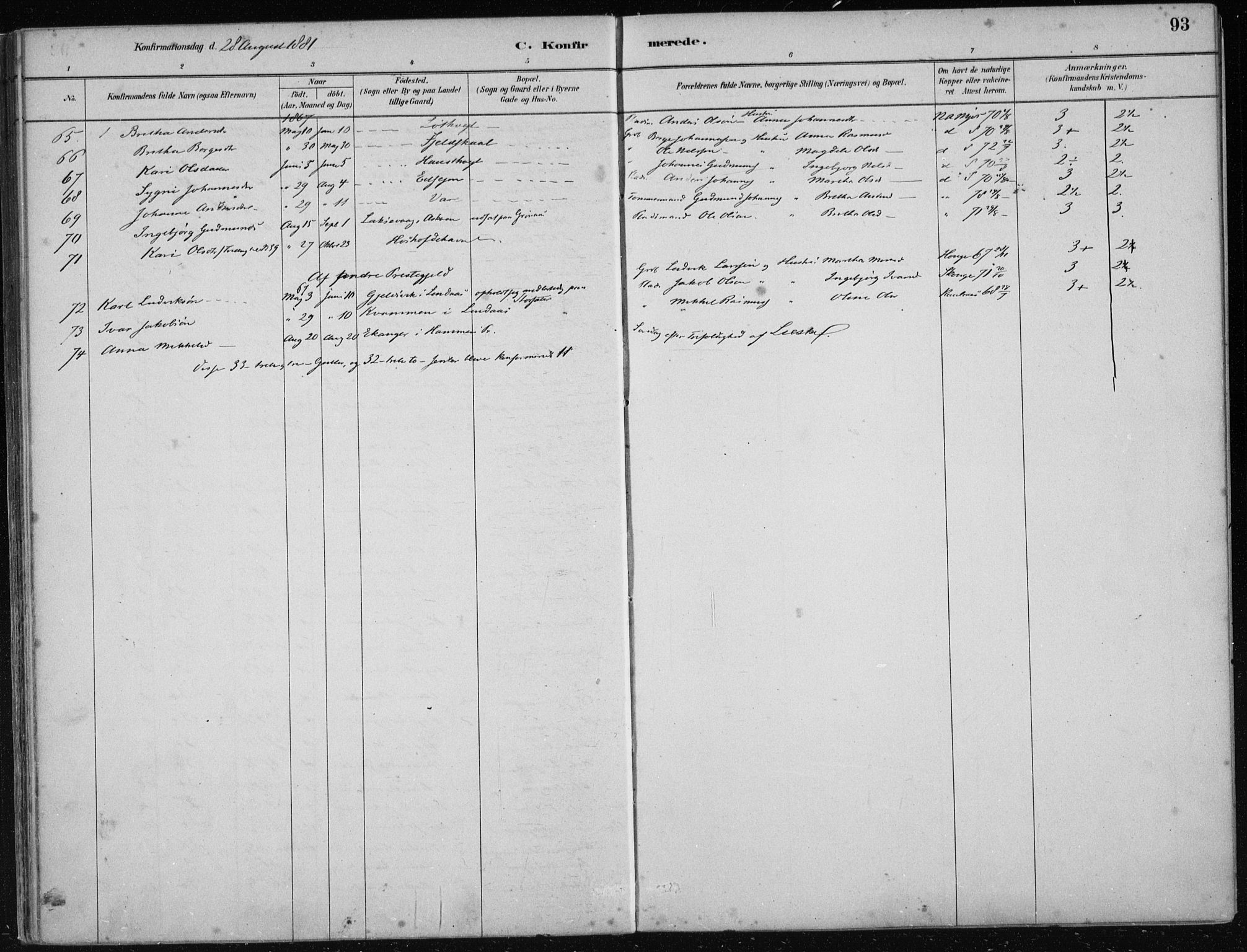 Hosanger sokneprestembete, AV/SAB-A-75801/H/Haa: Parish register (official) no. B  1, 1880-1896, p. 93