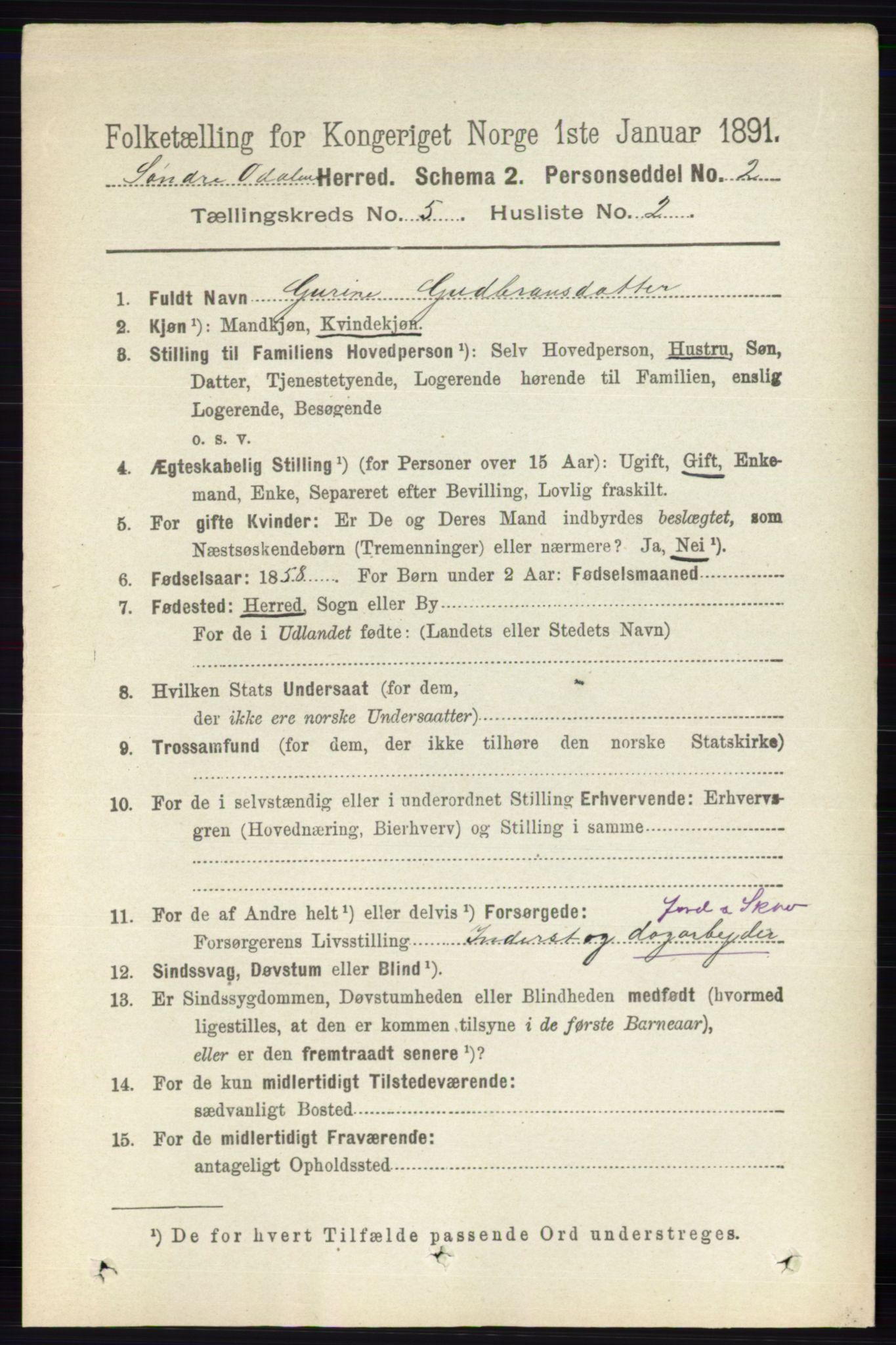 RA, 1891 census for 0419 Sør-Odal, 1891, p. 2336