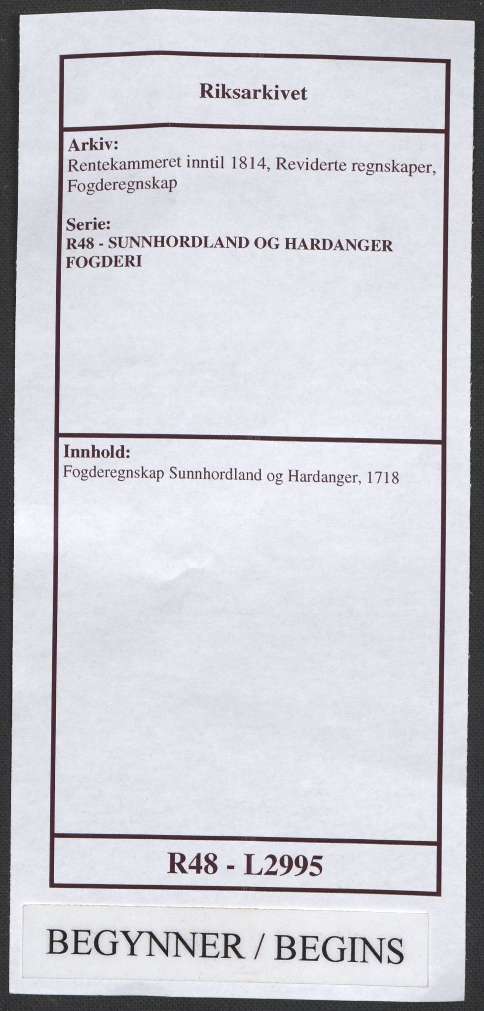 Rentekammeret inntil 1814, Reviderte regnskaper, Fogderegnskap, RA/EA-4092/R48/L2995: Fogderegnskap Sunnhordland og Hardanger, 1718, p. 1