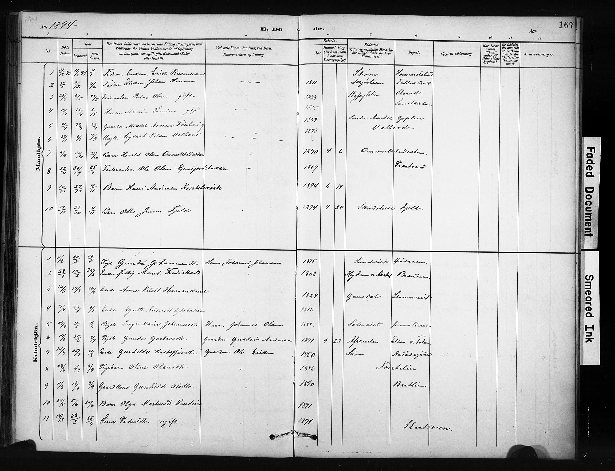 Nordre Land prestekontor, SAH/PREST-124/H/Ha/Hab/L0012: Parish register (copy) no. 12, 1891-1909, p. 167