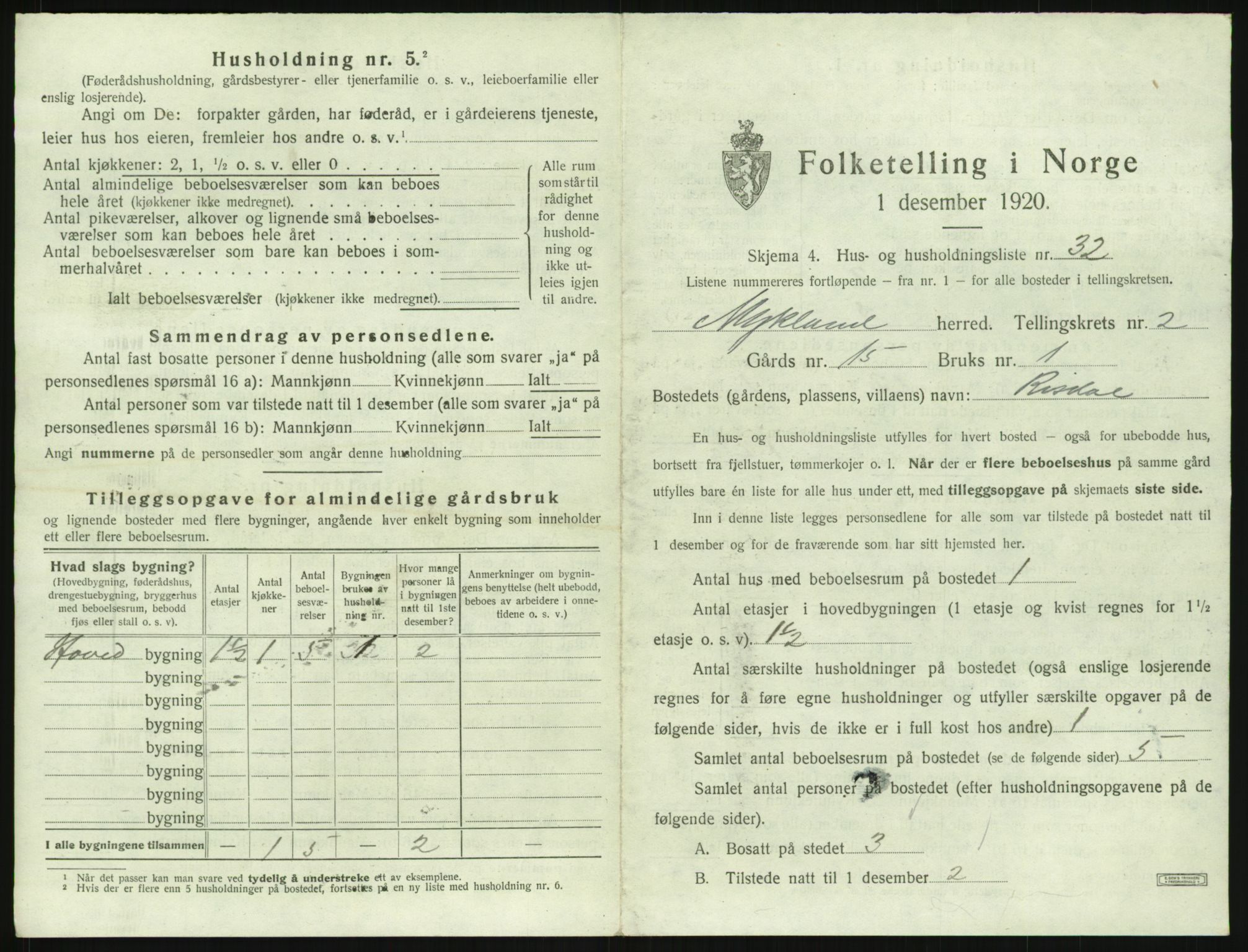 SAK, 1920 census for Mykland, 1920, p. 156