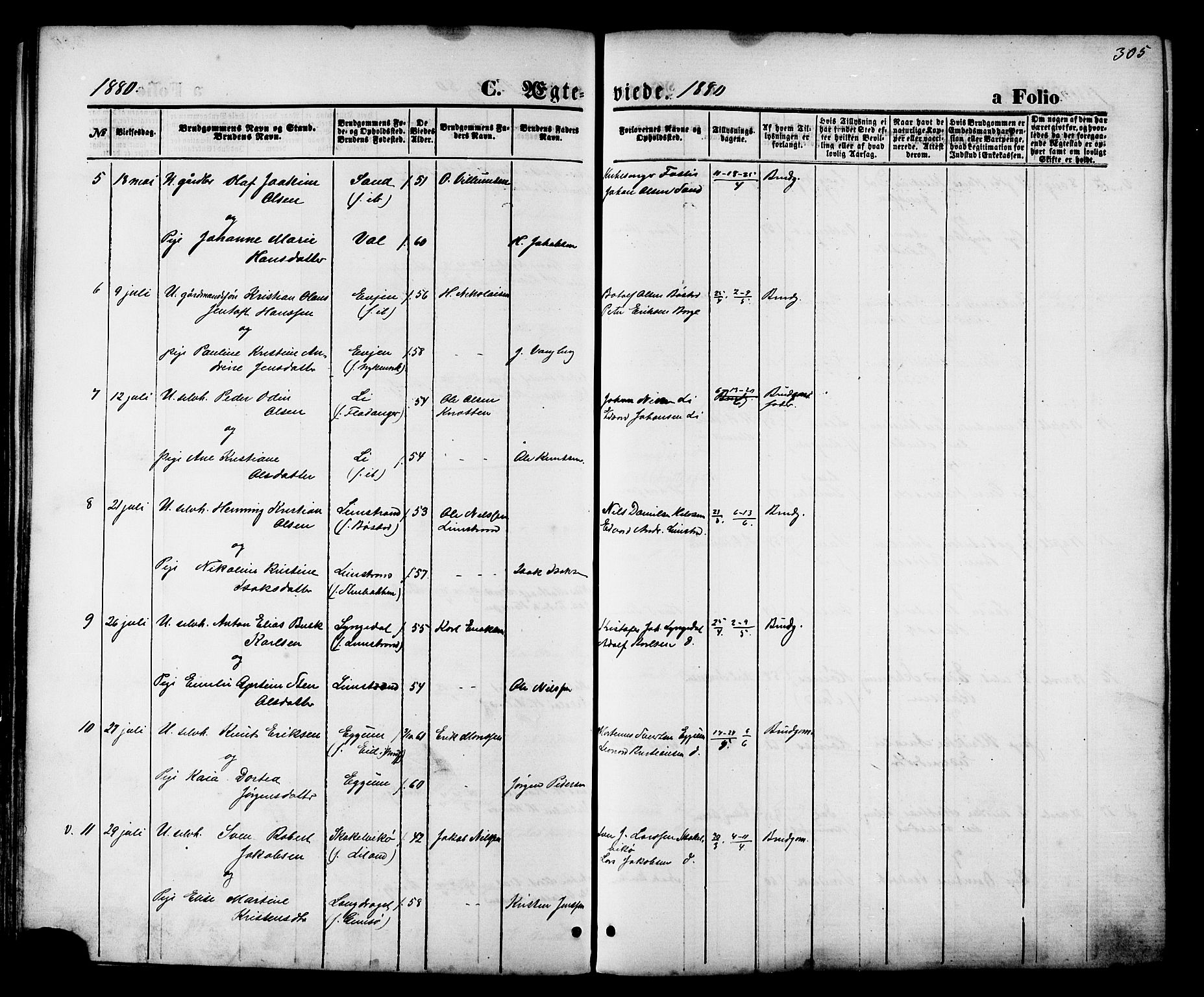 Ministerialprotokoller, klokkerbøker og fødselsregistre - Nordland, SAT/A-1459/880/L1132: Parish register (official) no. 880A06, 1869-1887, p. 305