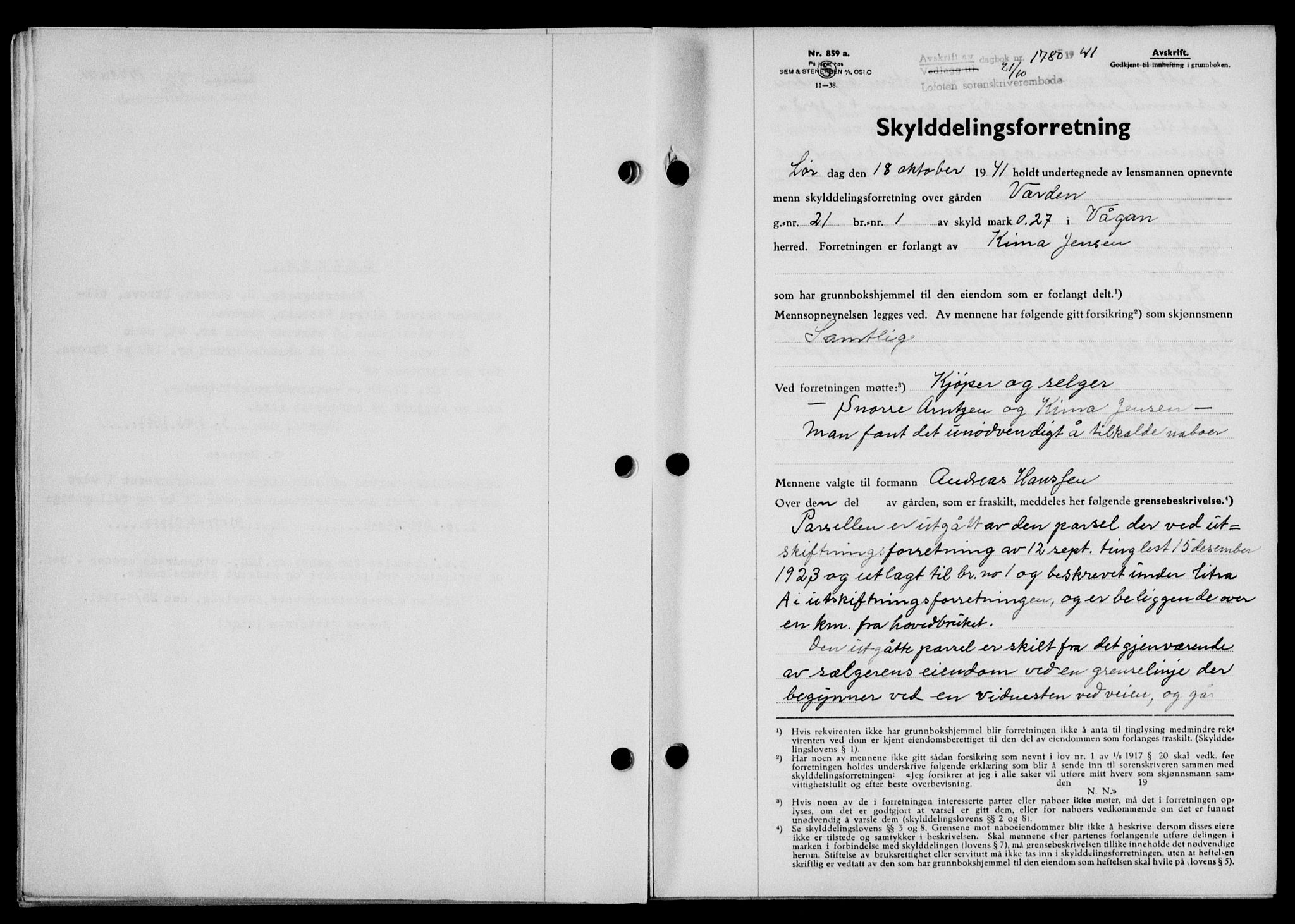 Lofoten sorenskriveri, SAT/A-0017/1/2/2C/L0009a: Mortgage book no. 9a, 1941-1942, Diary no: : 1780/1941
